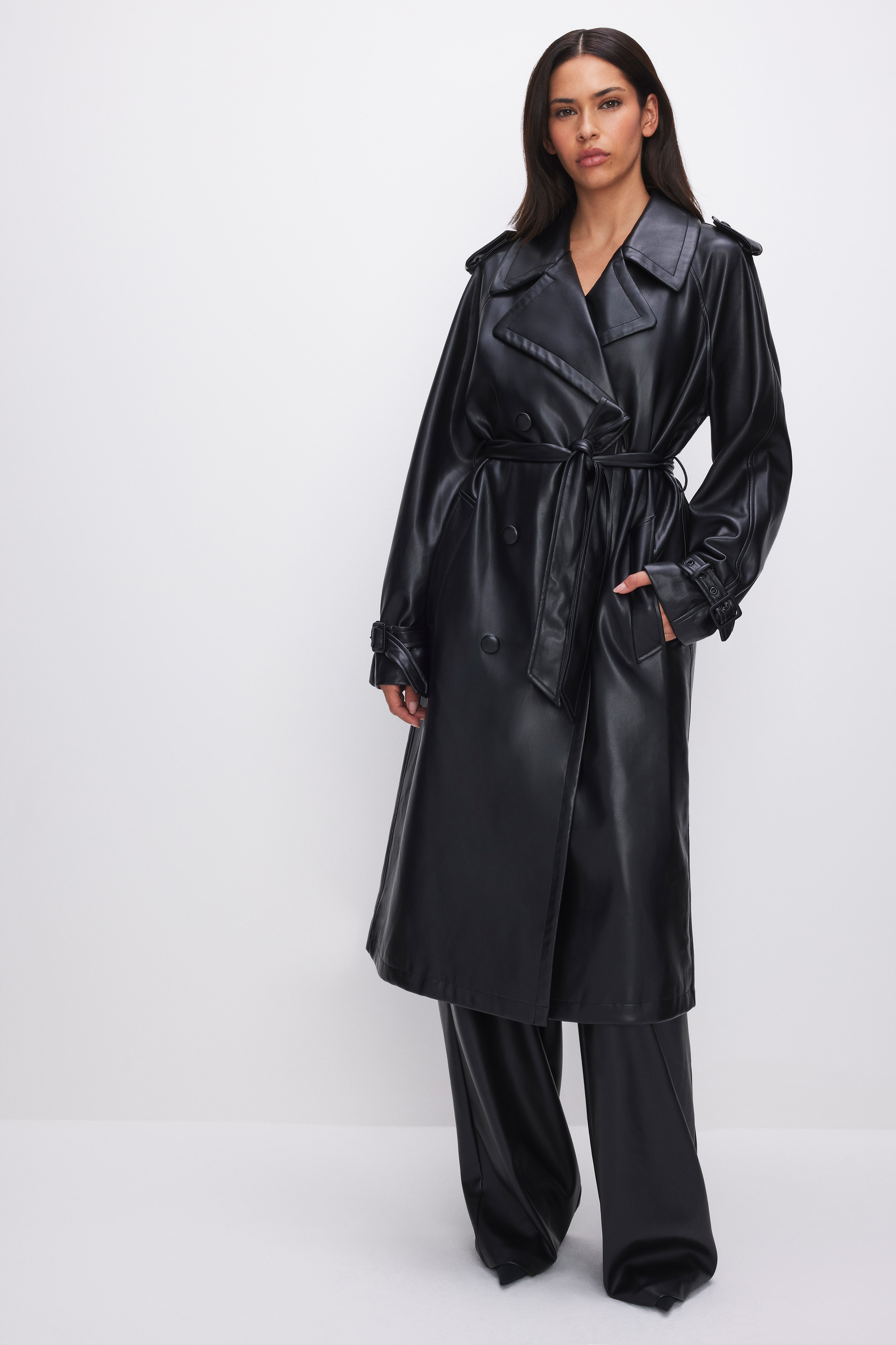 Styled with FAUX LEATHER TRENCH COAT | BLACK001