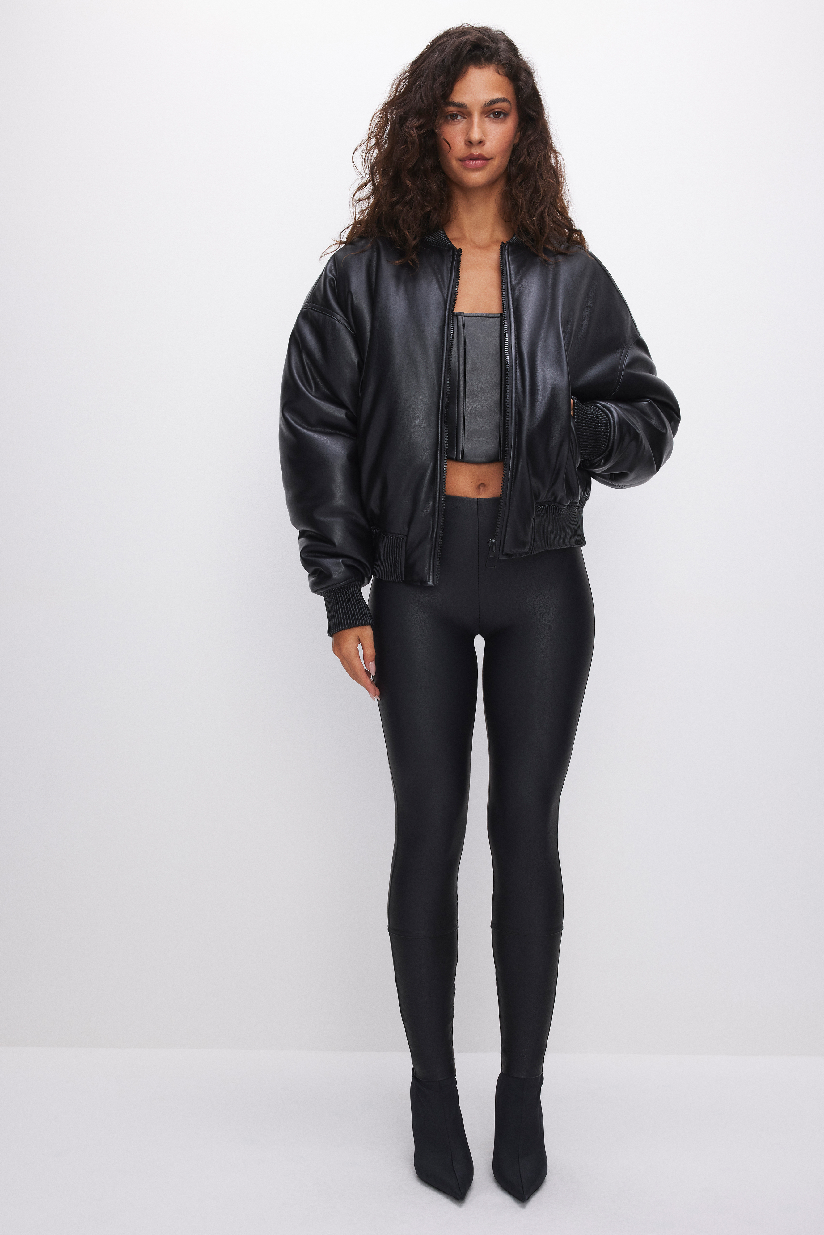 Styled with FAUX LEATHER BOMBER JACKET | BLACK001