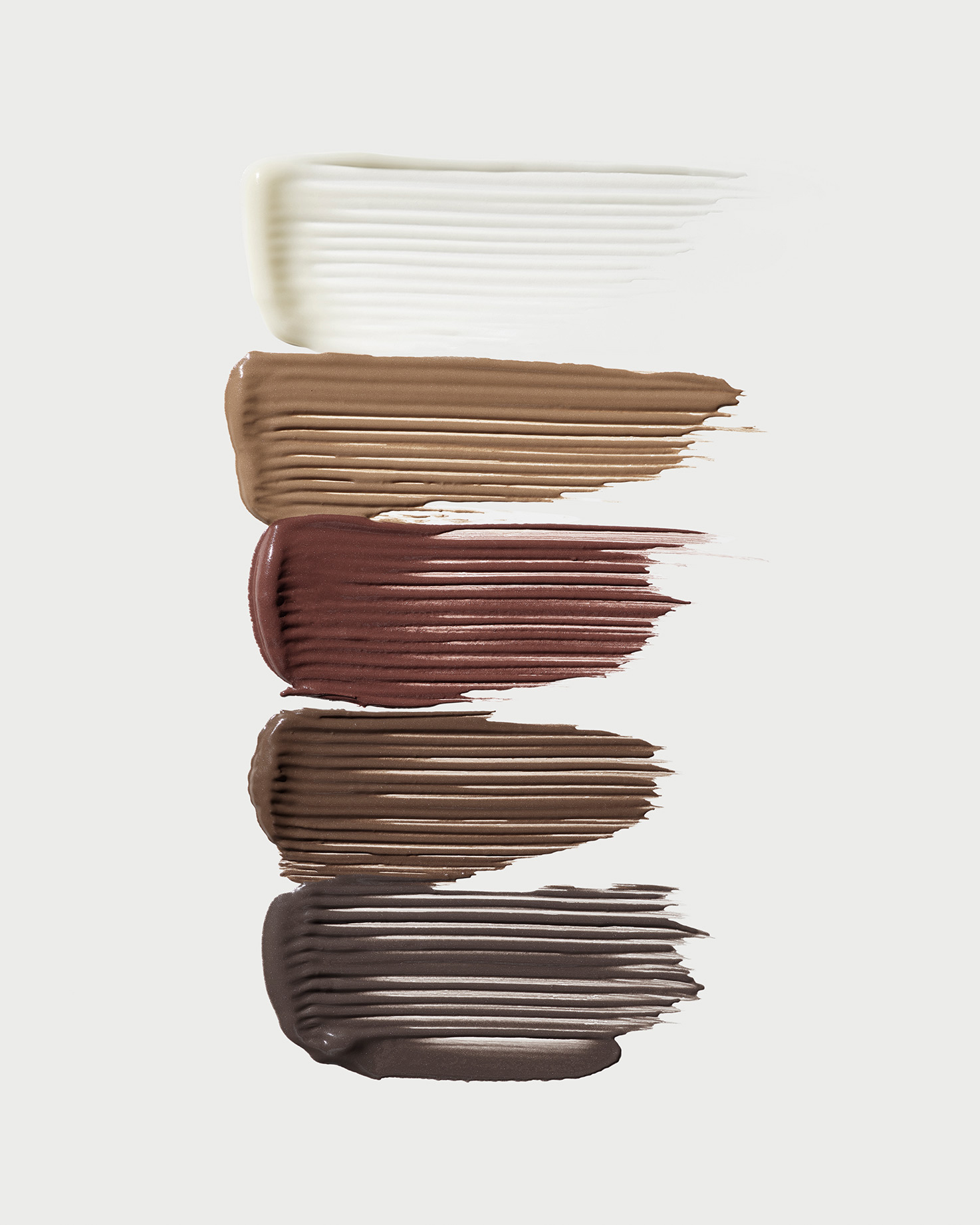 Product swatch of the 5 shades of Brow Renew Enriched Clear Shaping Gel