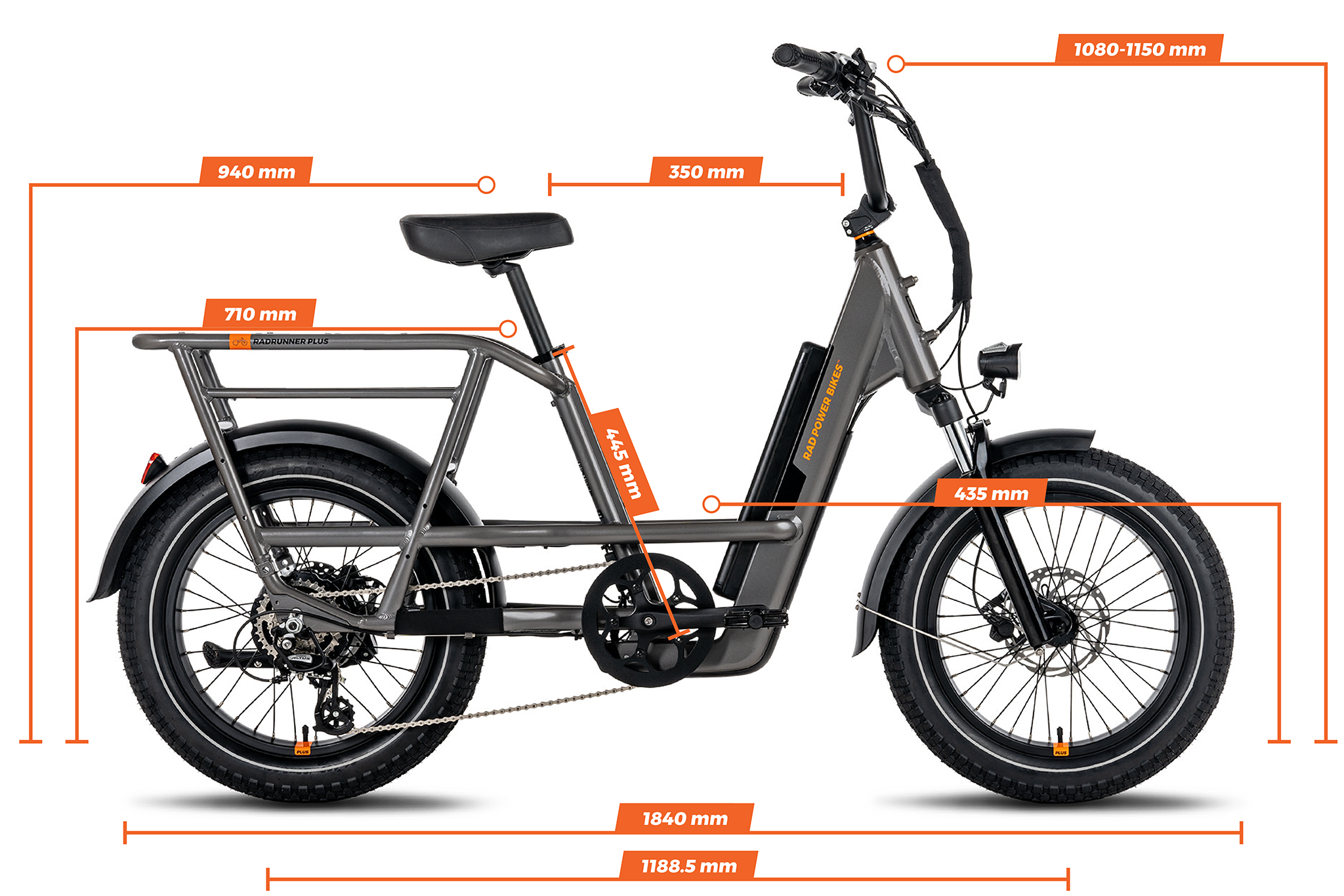 Geometry chart for the RadRunner 3 Plus Electric Utility Bike