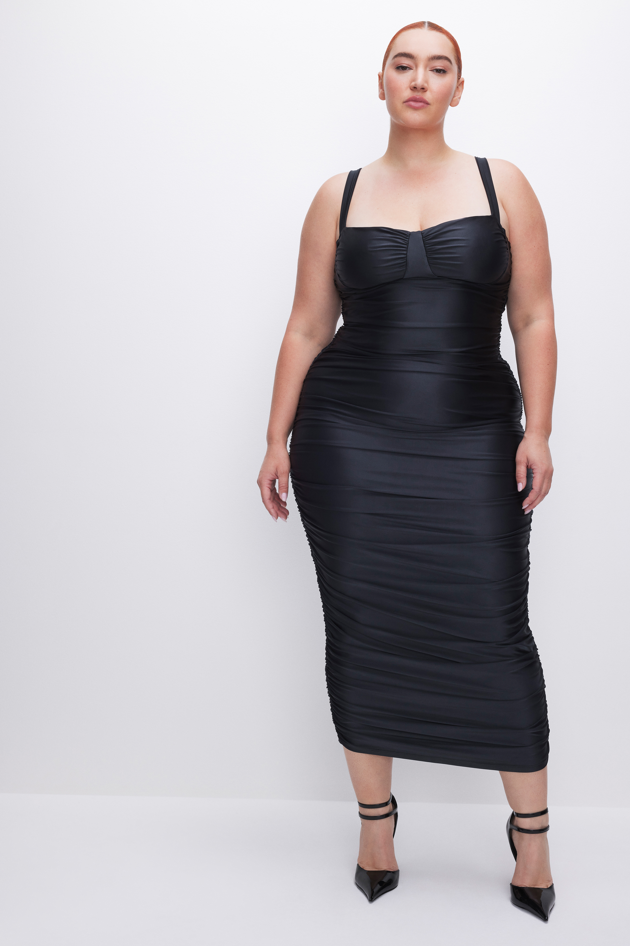 Styled with RUCHED MIDI DRESS | BLACK001