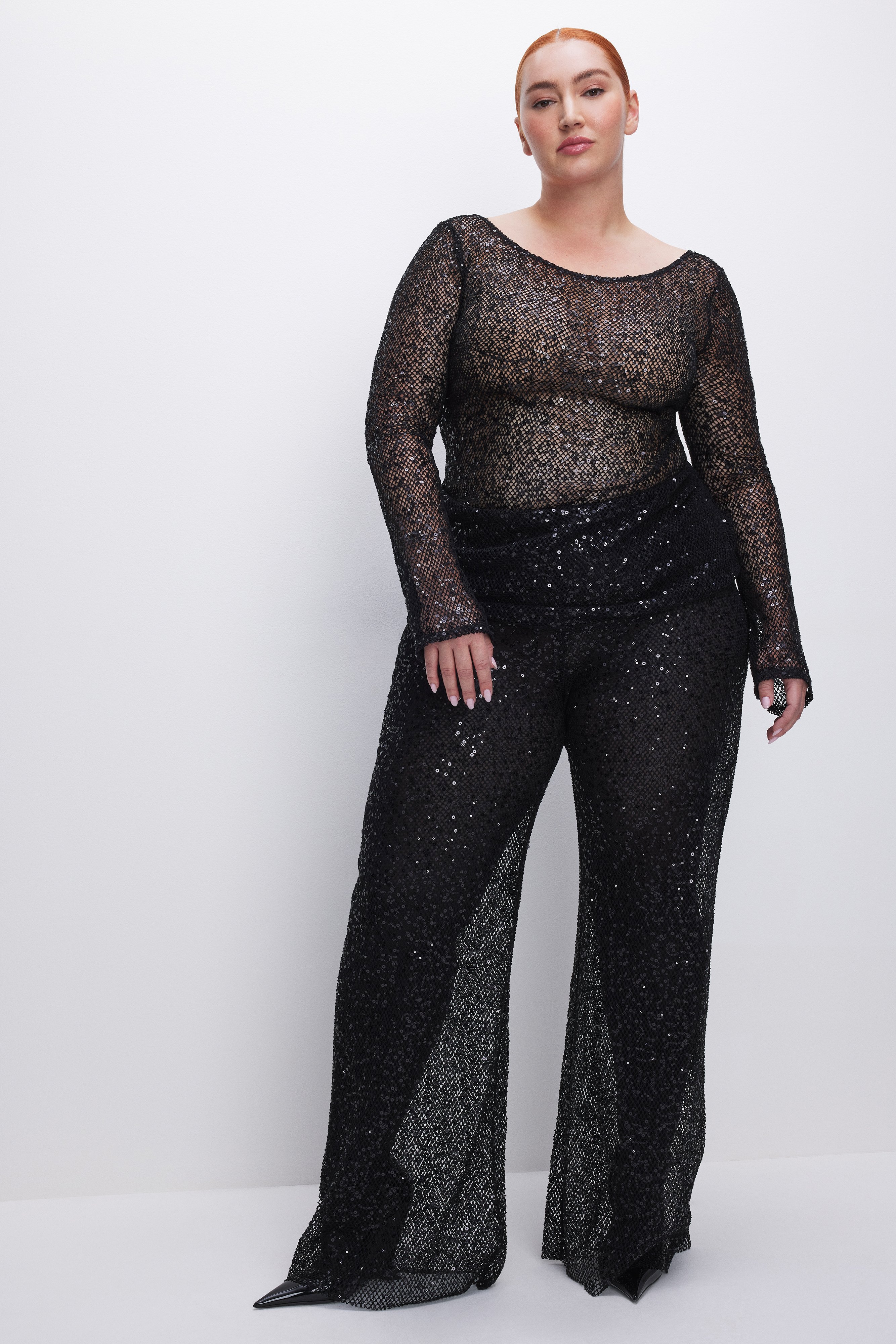 Styled with SEQUIN CROCHET WIDE LEG PANTS | BLACK001