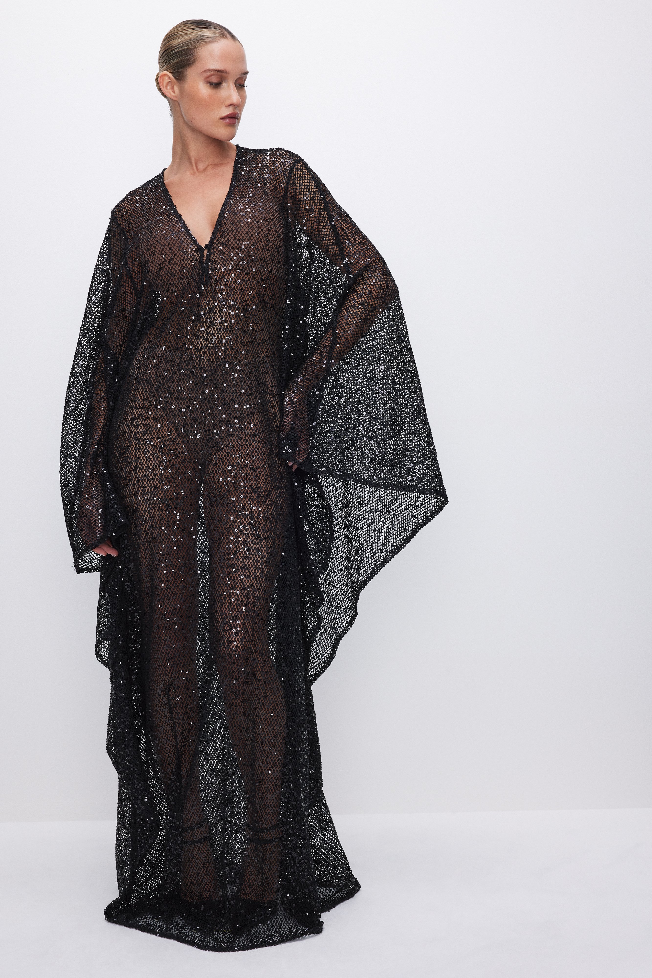 Styled with SEQUIN CROCHET CAFTAN | BLACK001
