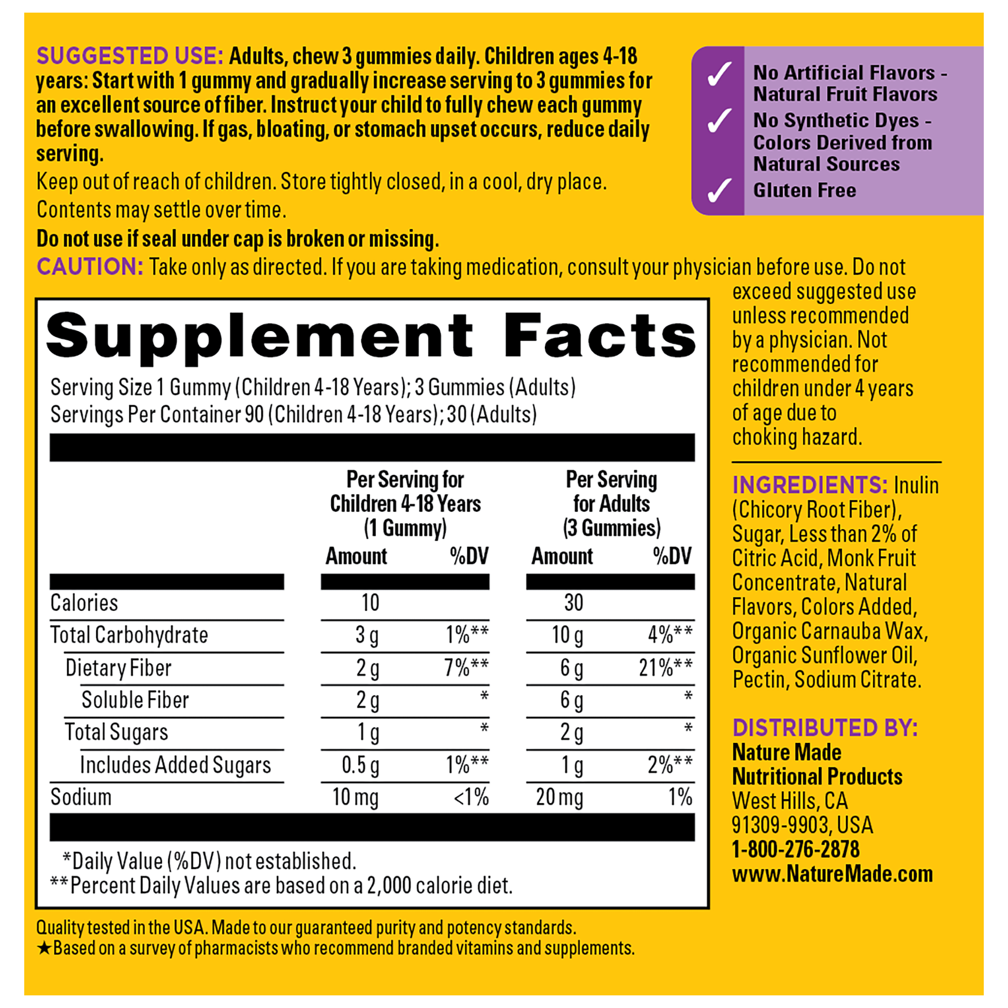 Nature Made Prebiotic Fiber Gummies Supplement Facts panel showing fiber content, ingredients, directions, and usage warnings.