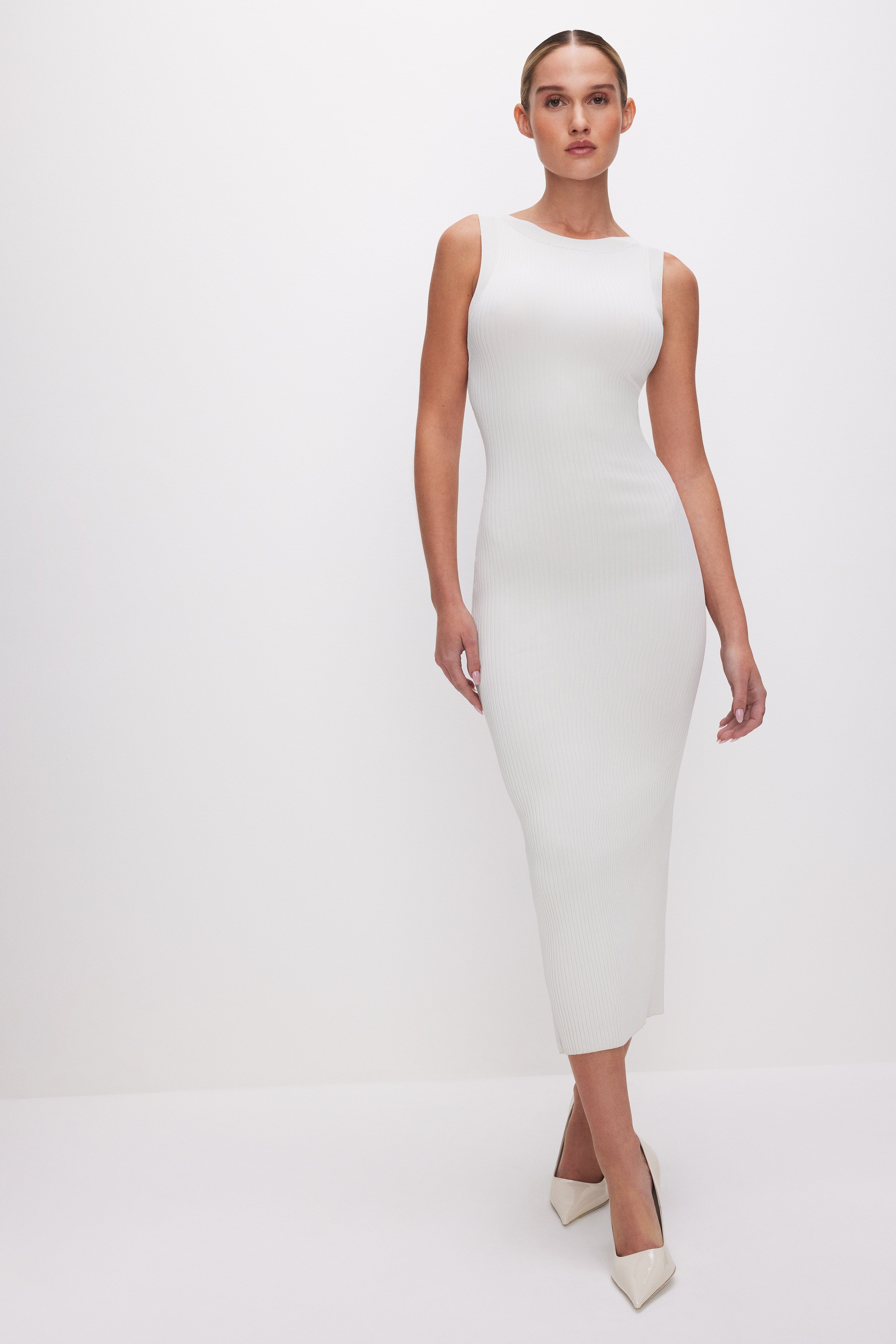 Styled with STRETCH RIB SCOOP BACK MIDI DRESS | CLOUD WHITE