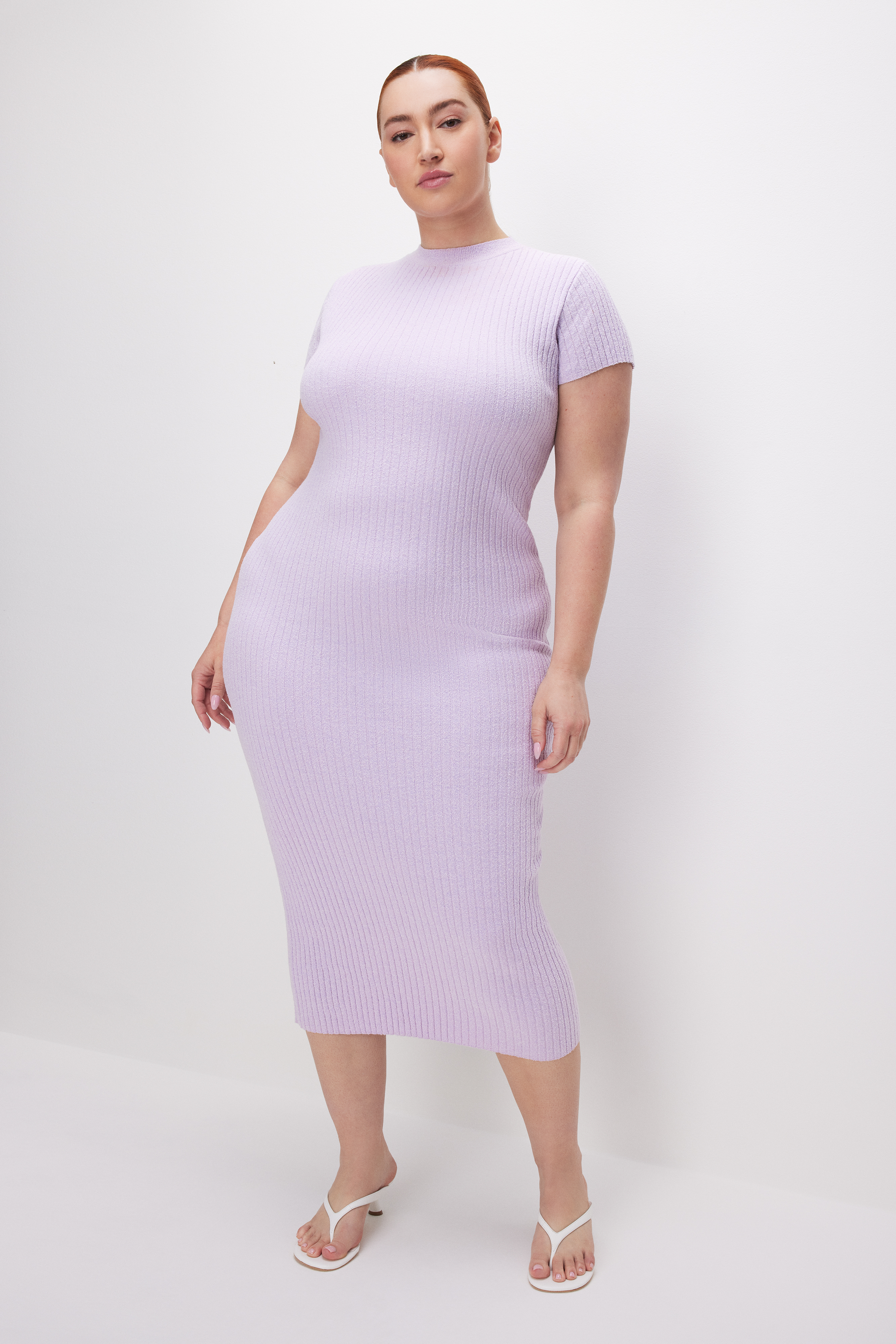 Styled with RIBBED TERRY MIDI DRESS | LAVENDER001