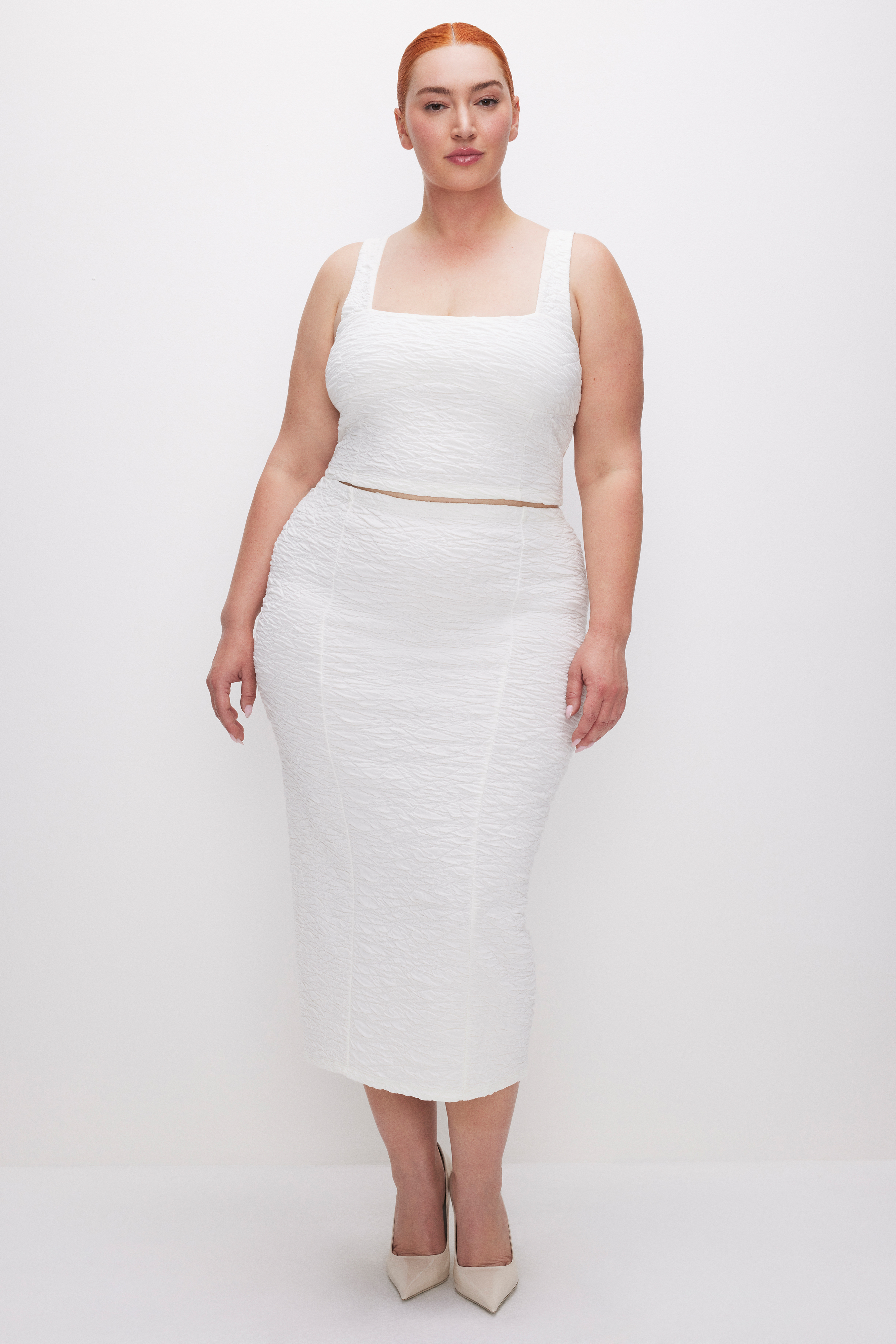 Styled with SCRUNCHIE MIDI SKIRT | CLOUD WHITE