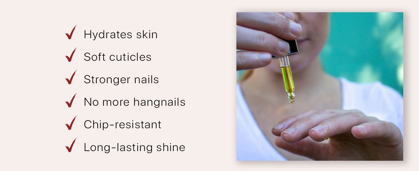 Hydrates skin
Soft cuticles
Stronger nails
No more hangnails
Chip-resistant
Long-lasting shine