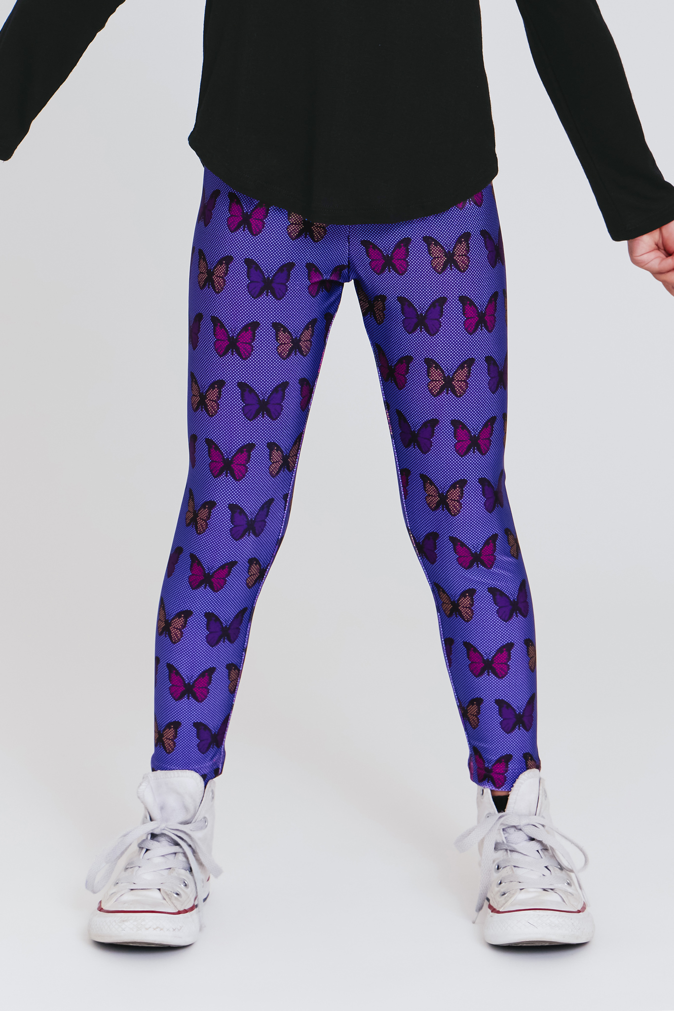 Kid Girl Butterfly Print Elasticized Black/Purple Leggings
