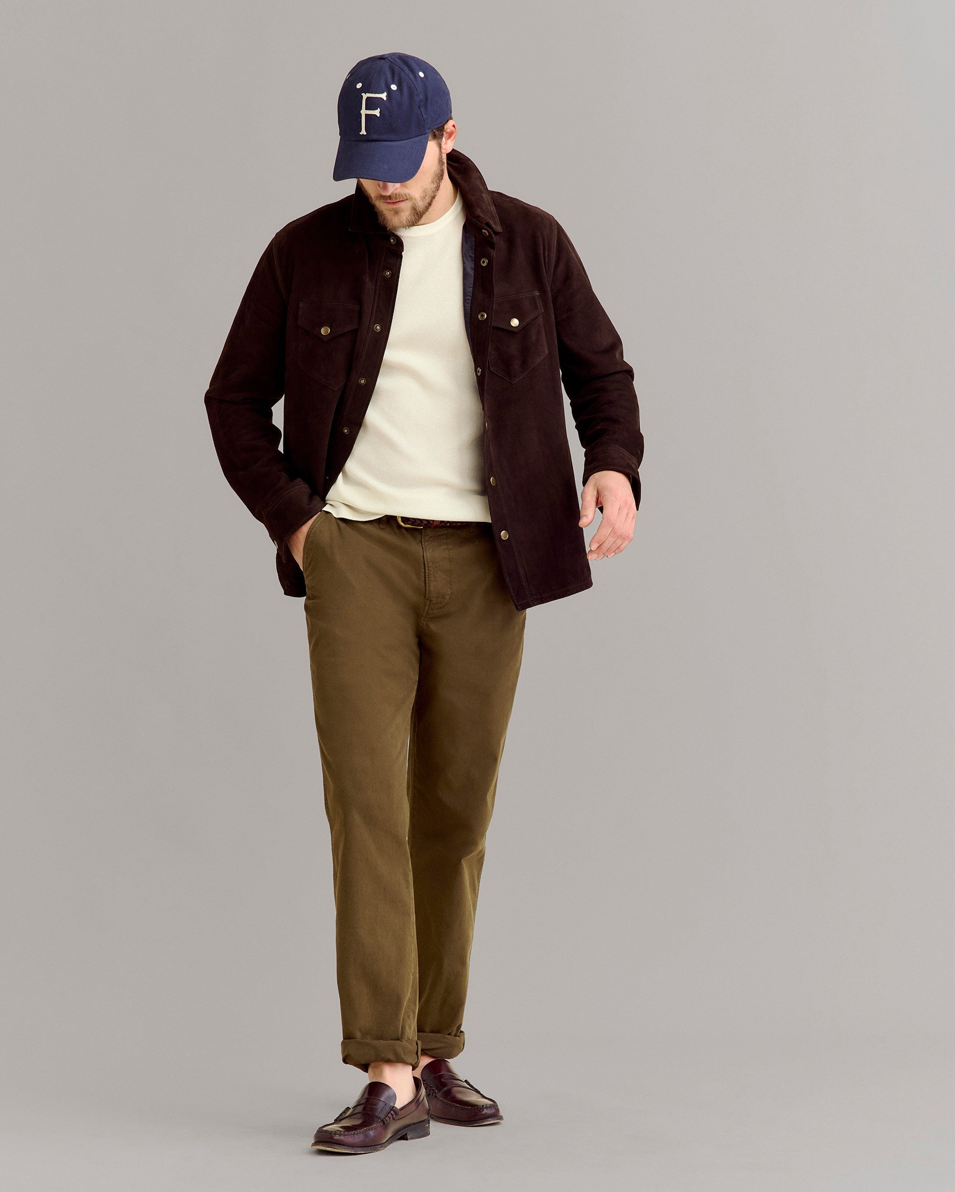 Model shows the fit of the Savoy Suede Workshirt