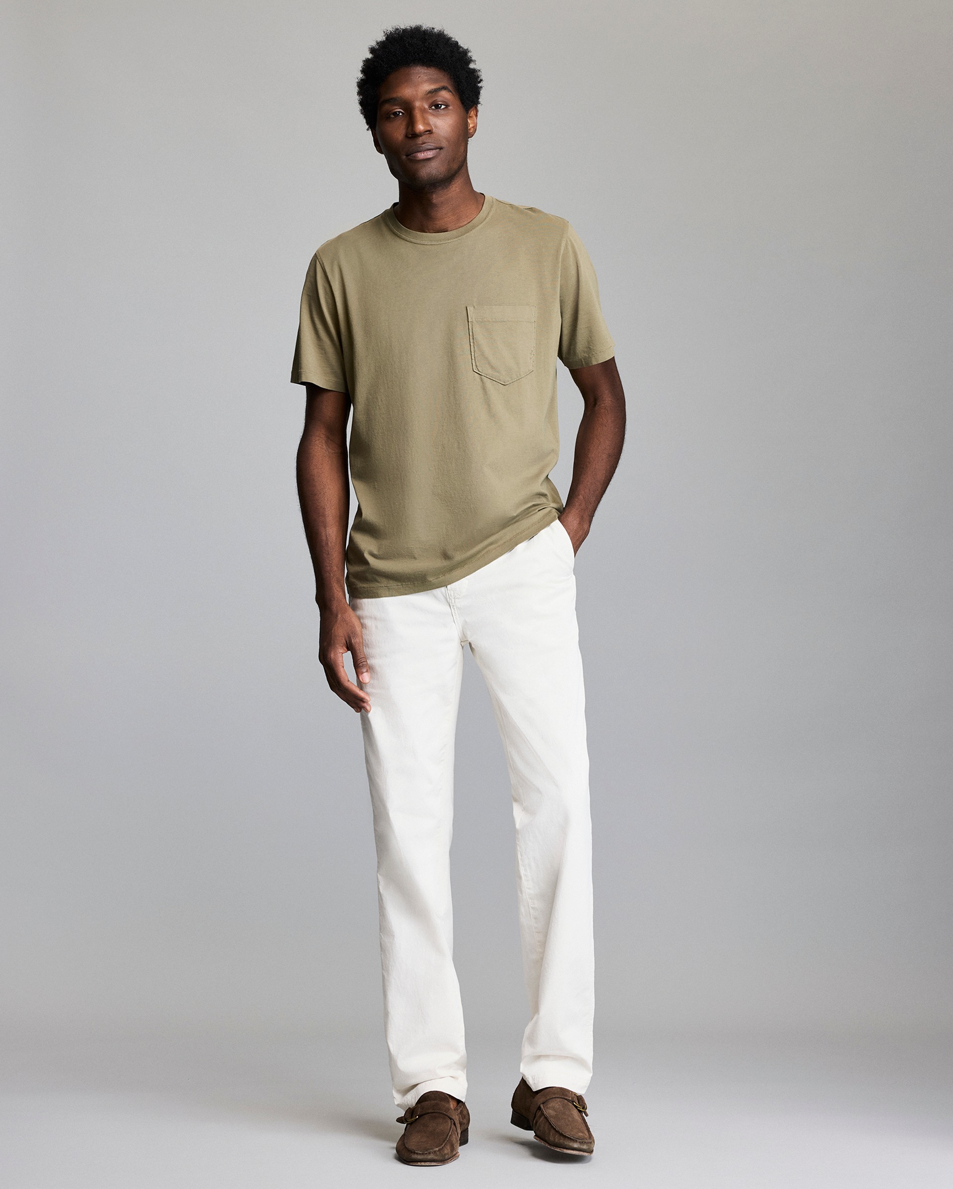 Model shows the fit of the tee.