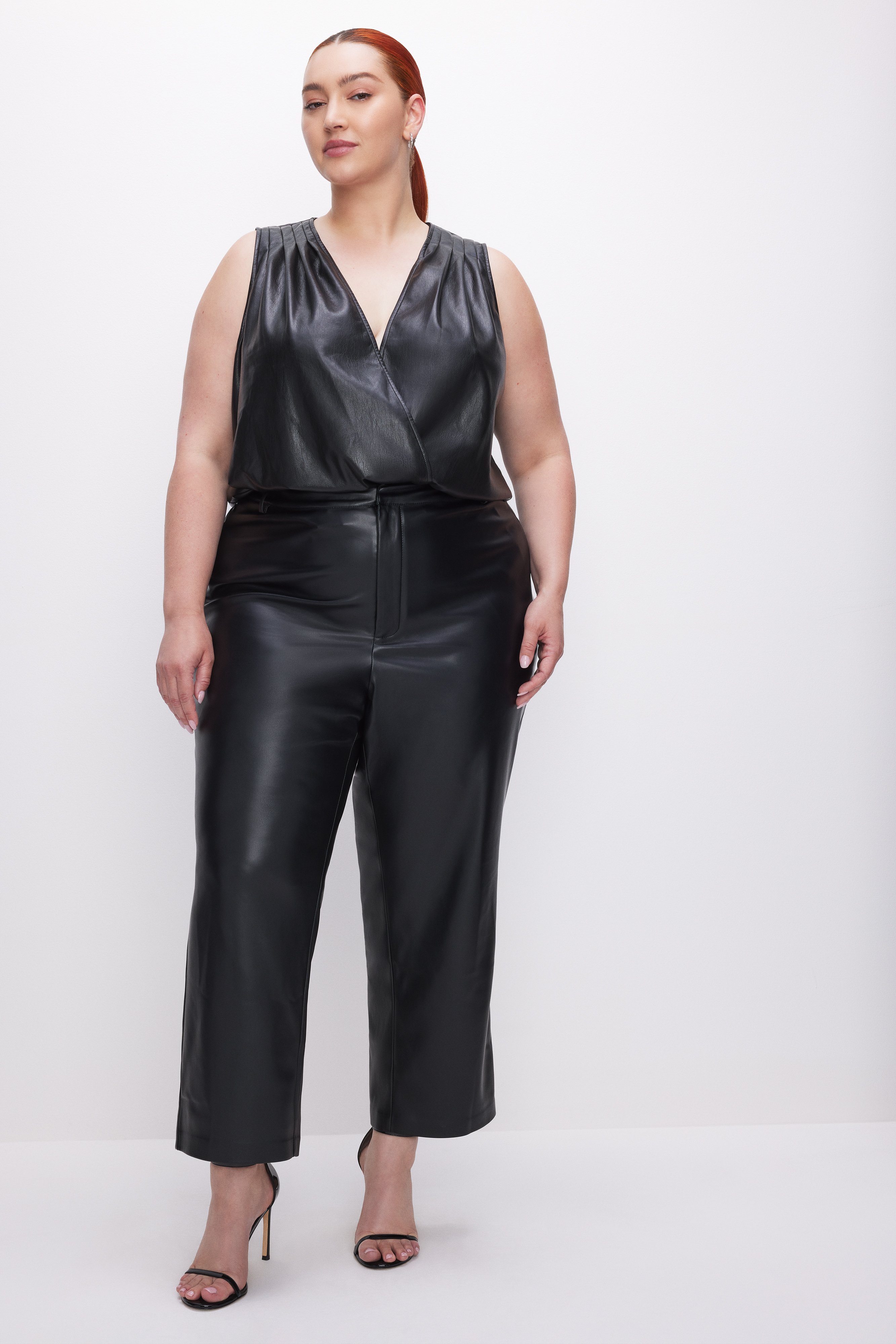 Styled with FAUX LEATHER WIDE LEG CROPPED TROUSER | BLACK001