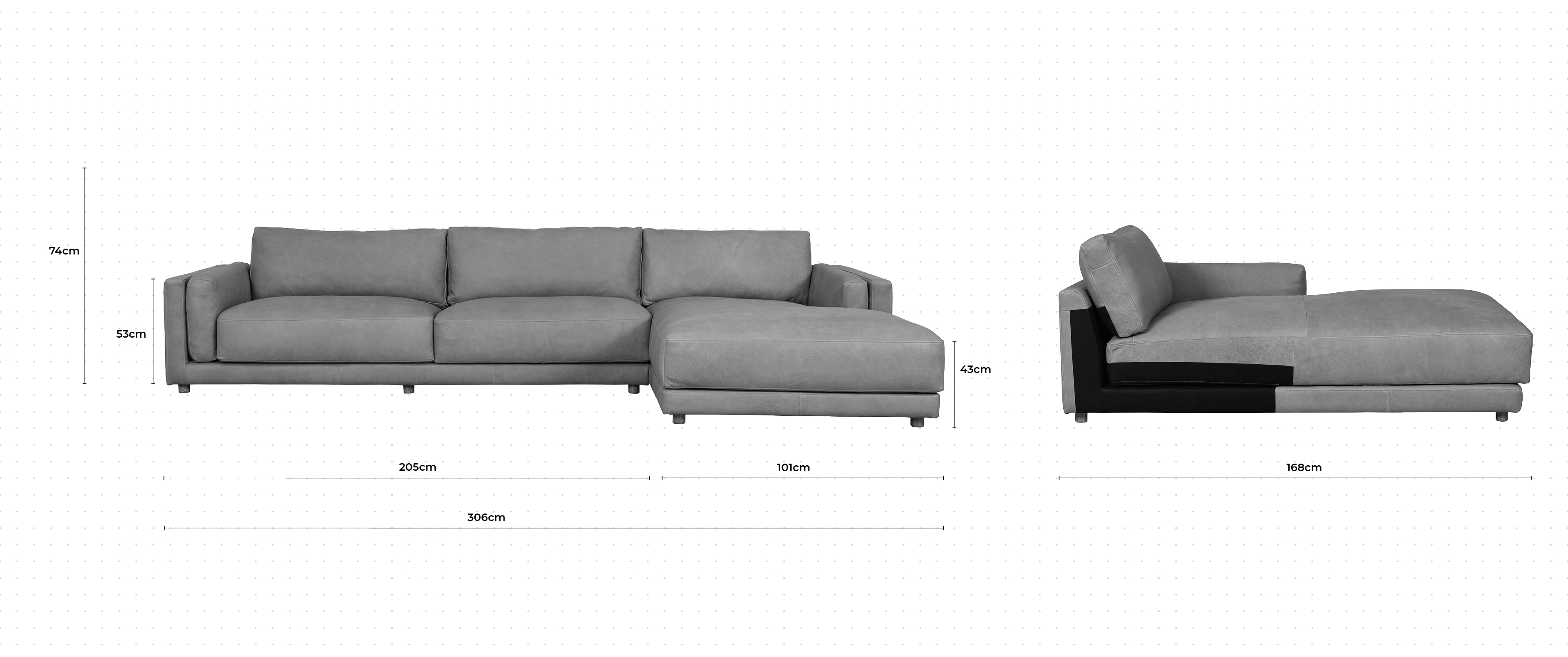 Butter Large Chaise Sofa RHF dimensions