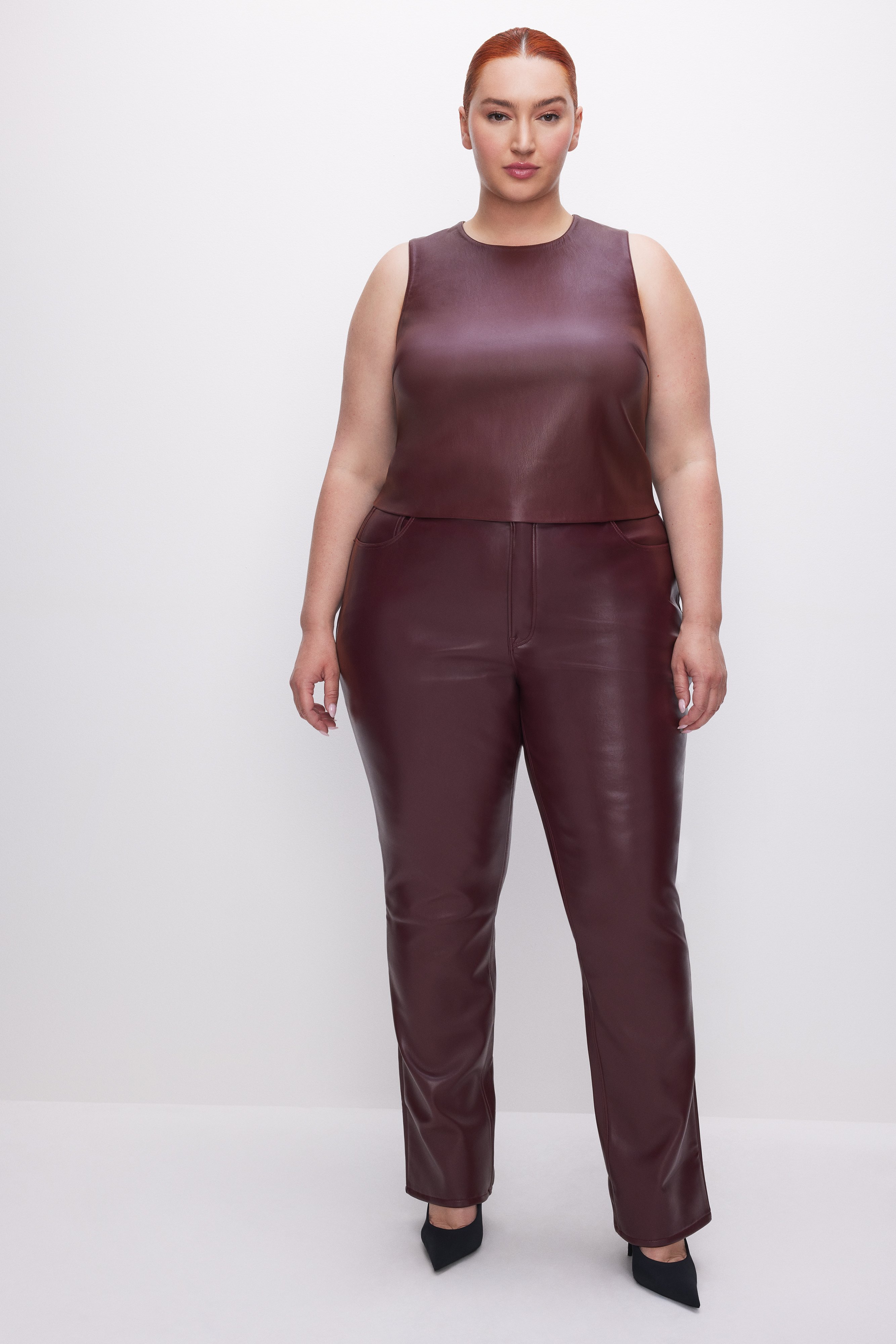 Styled with FAUX LEATHER SHELL TANK | MALBEC003
