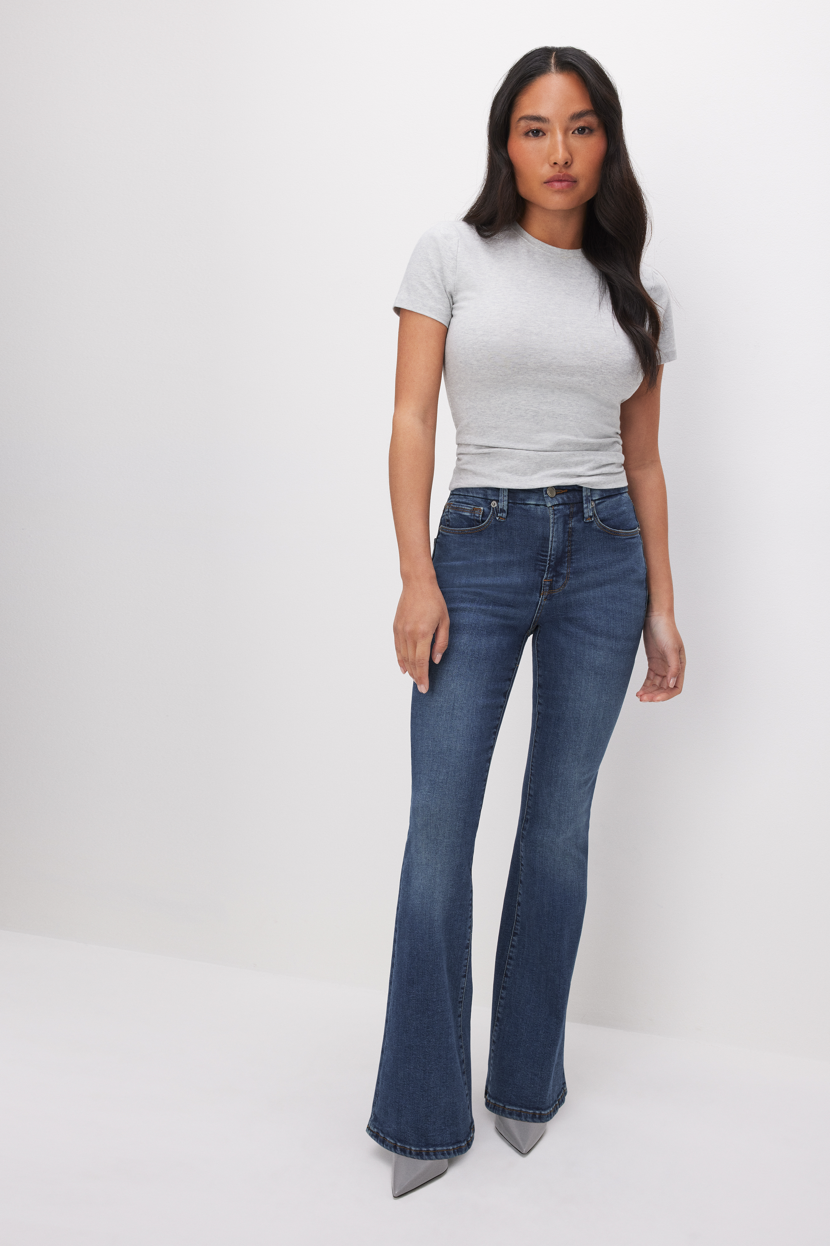 Styled with GOOD PETITE FLARE JEANS | BLUE004