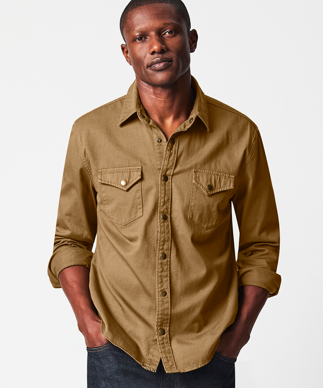 Model wears the Shoals Twill Shirt.