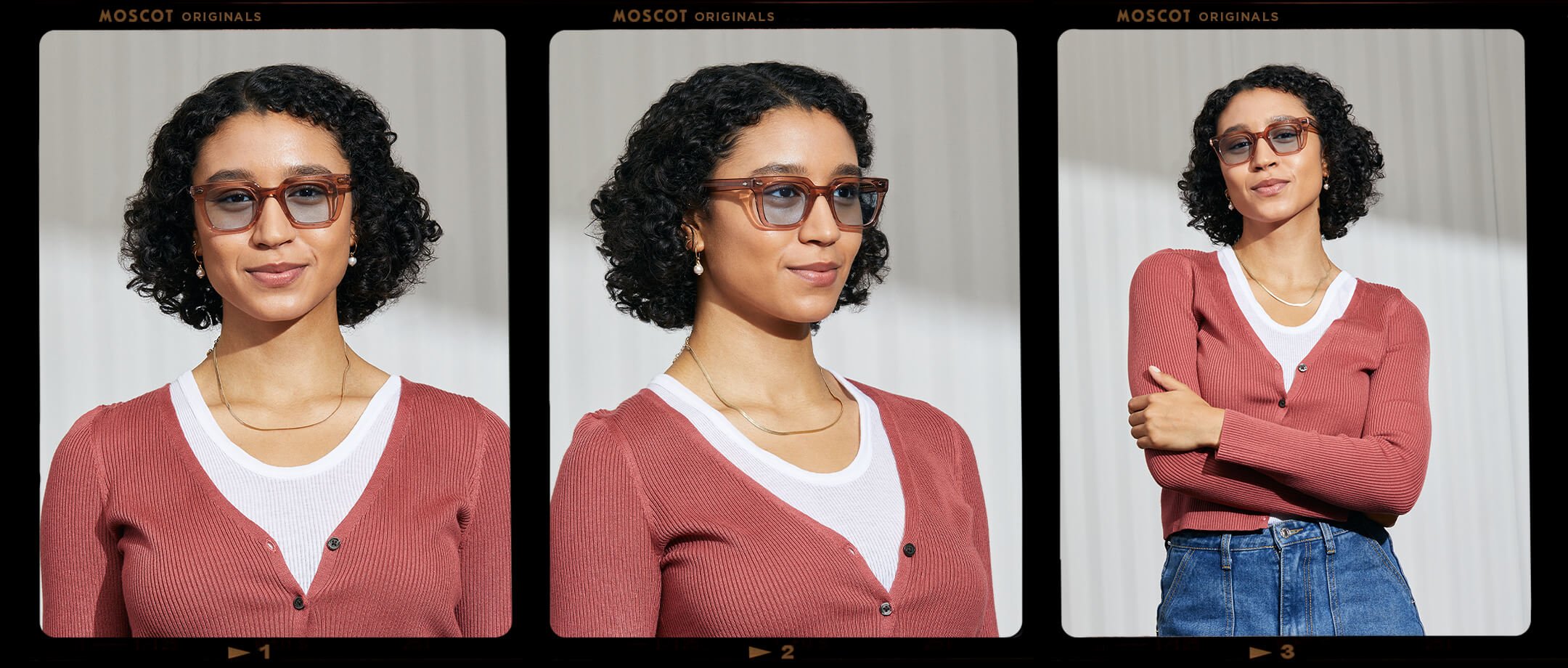 Model is wearing The GROBER SUN in Vintage Rose in size 48 with Bel Air Blue Tinted Lenses