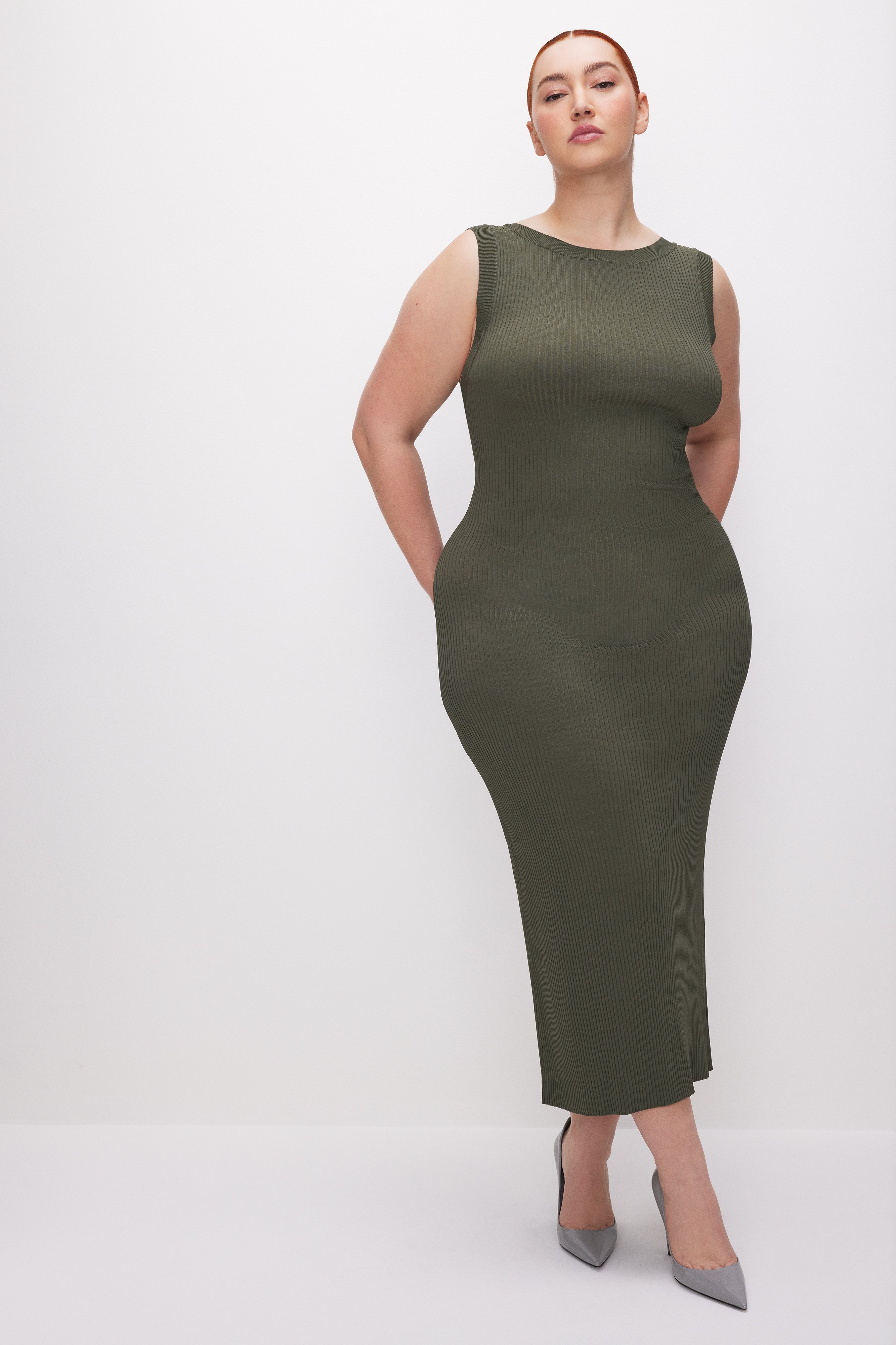 Styled with STRETCH RIB SCOOP BACK MIDI DRESS | FATIGUE001