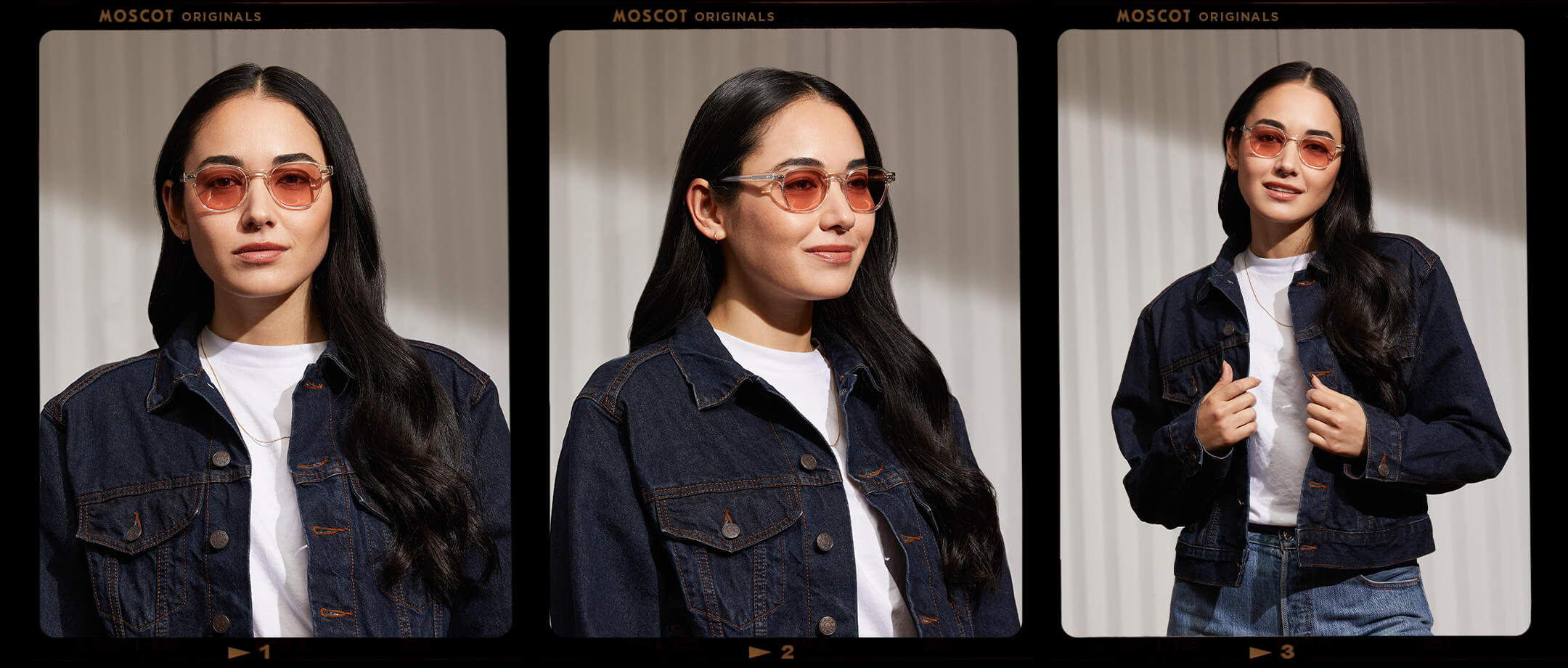  Model is wearing The ARTHUR in Crystal in size 48 with New York Rose Tinted Lenses 