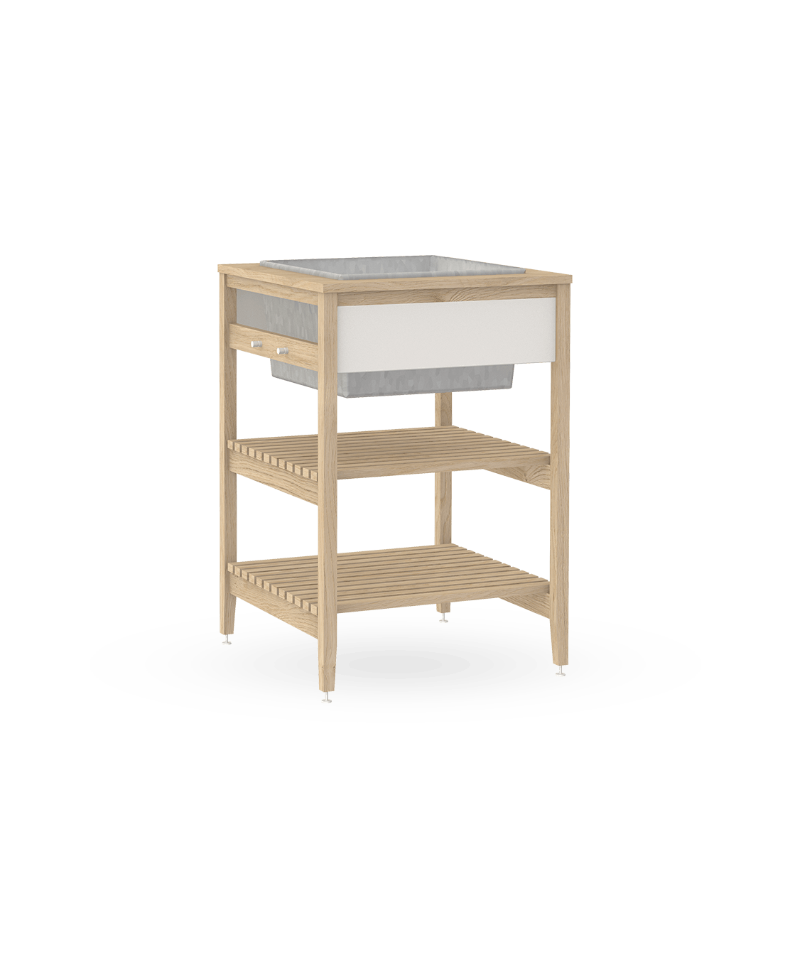 Coquo modular indoor outdoor planter in natural oak with two shelves. 