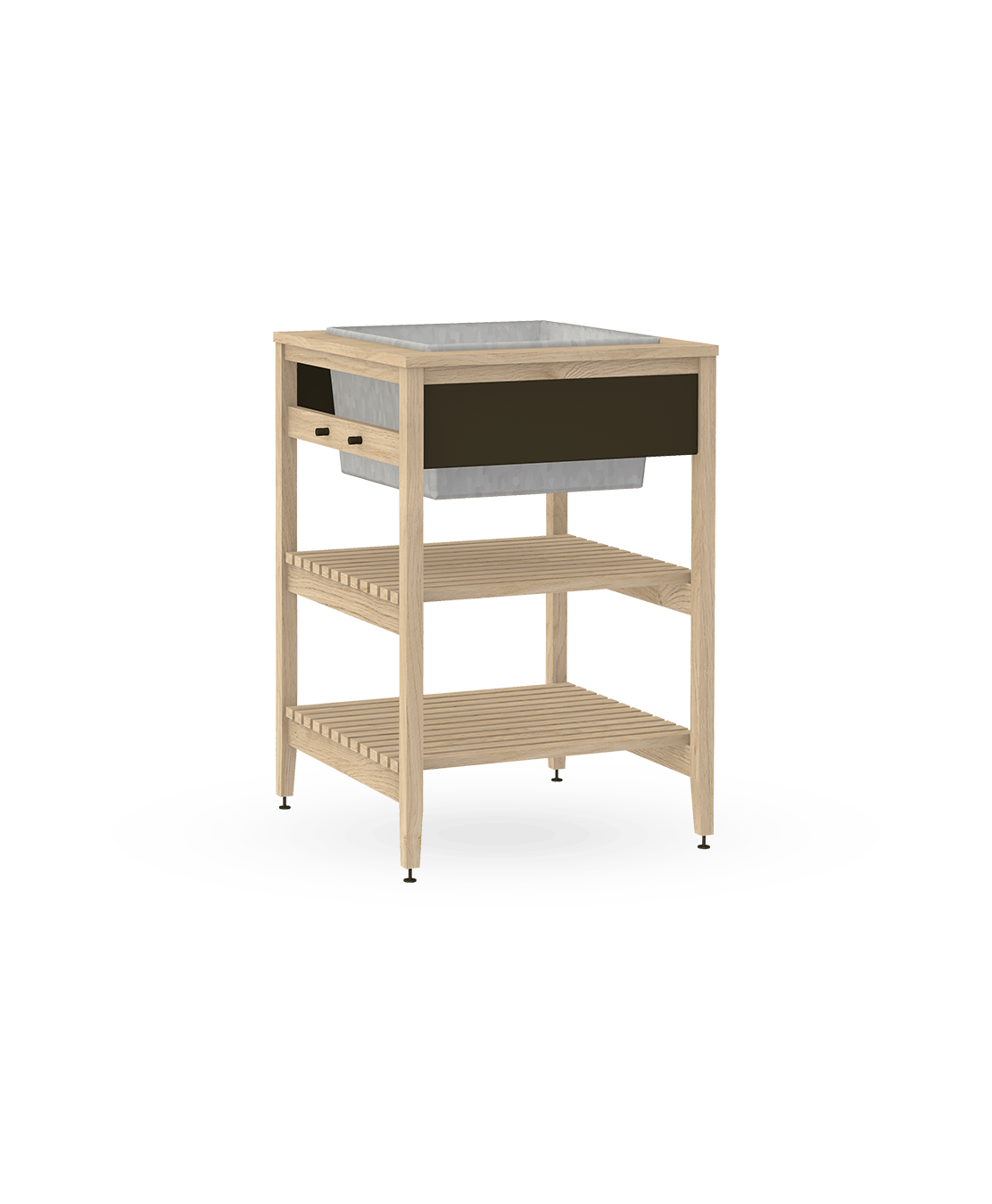 Coquo modular indoor outdoor planter in natural oak with two shelves. 