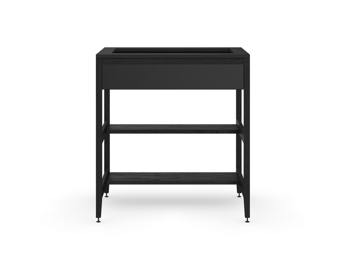 Coquo modular sink cabinet with front + half shelves in black stained oak.