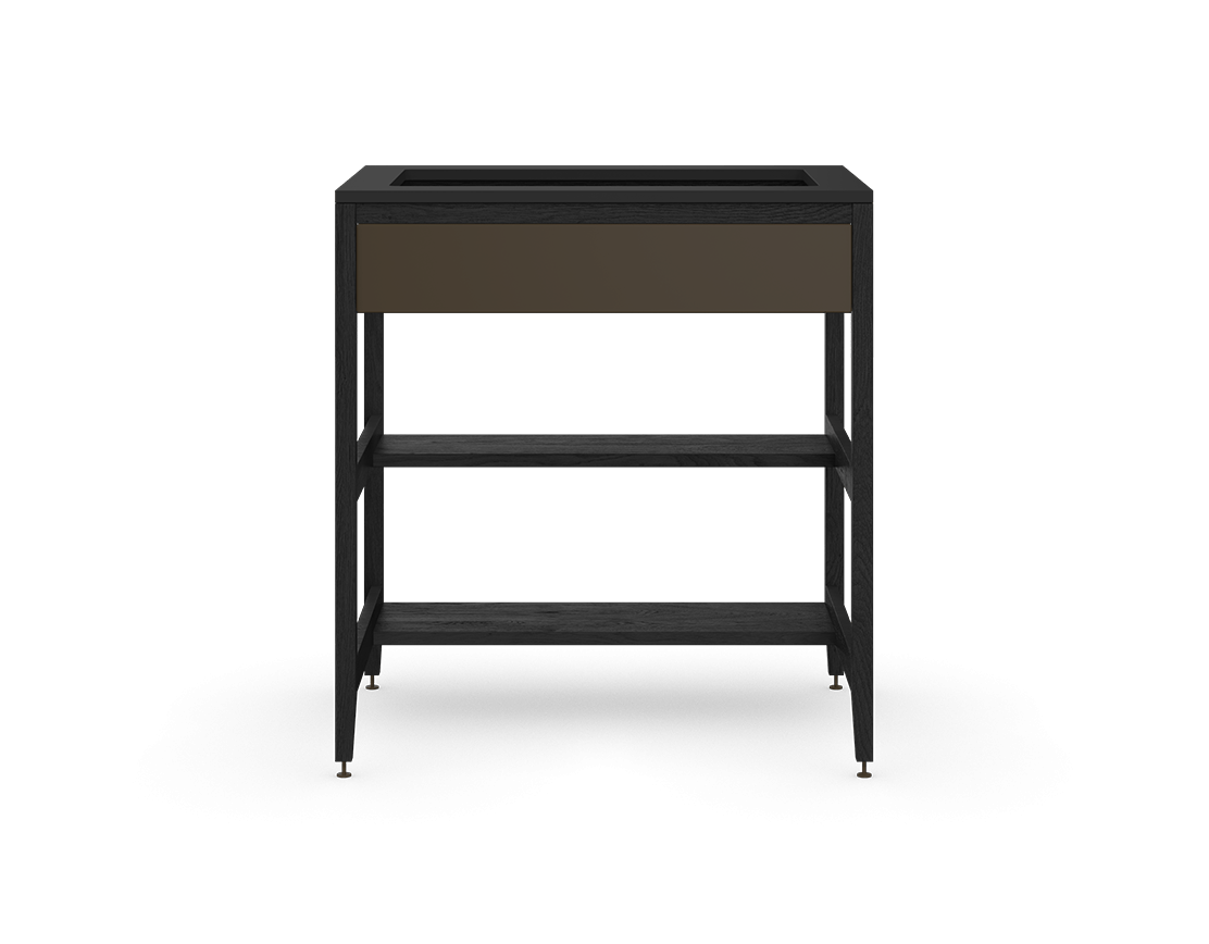 Coquo modular sink cabinet with Front + half shelves in black stained oak.