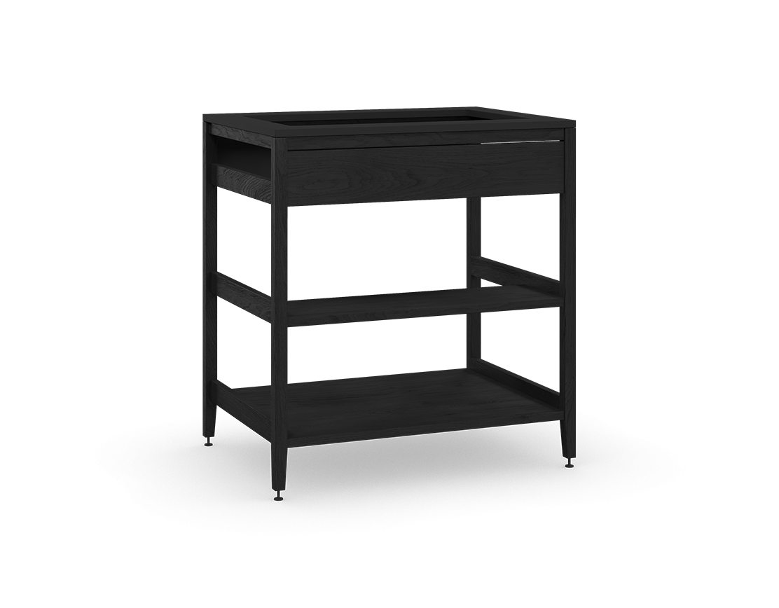 Coquo modular sink cabinet with Front + half shelf+ full shelf in black stained oak.