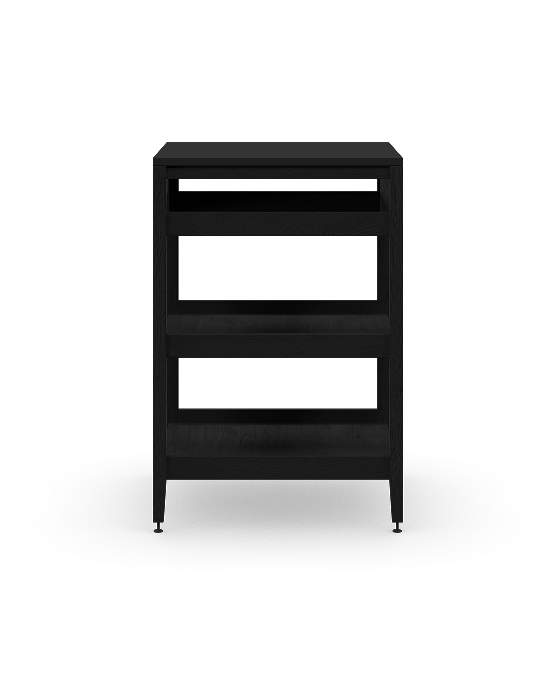 Coquo modular kitchen corner cabinet in black stained oak, fix front + two wood shelves. 
