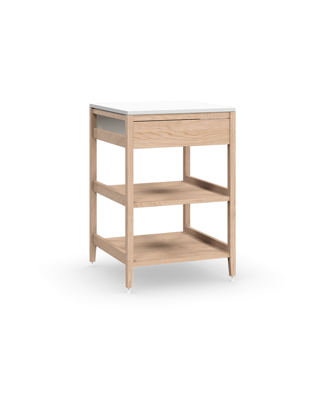 Coquo modular kitchen corner cabinet in natural oak, fix front + two wood shelves. 