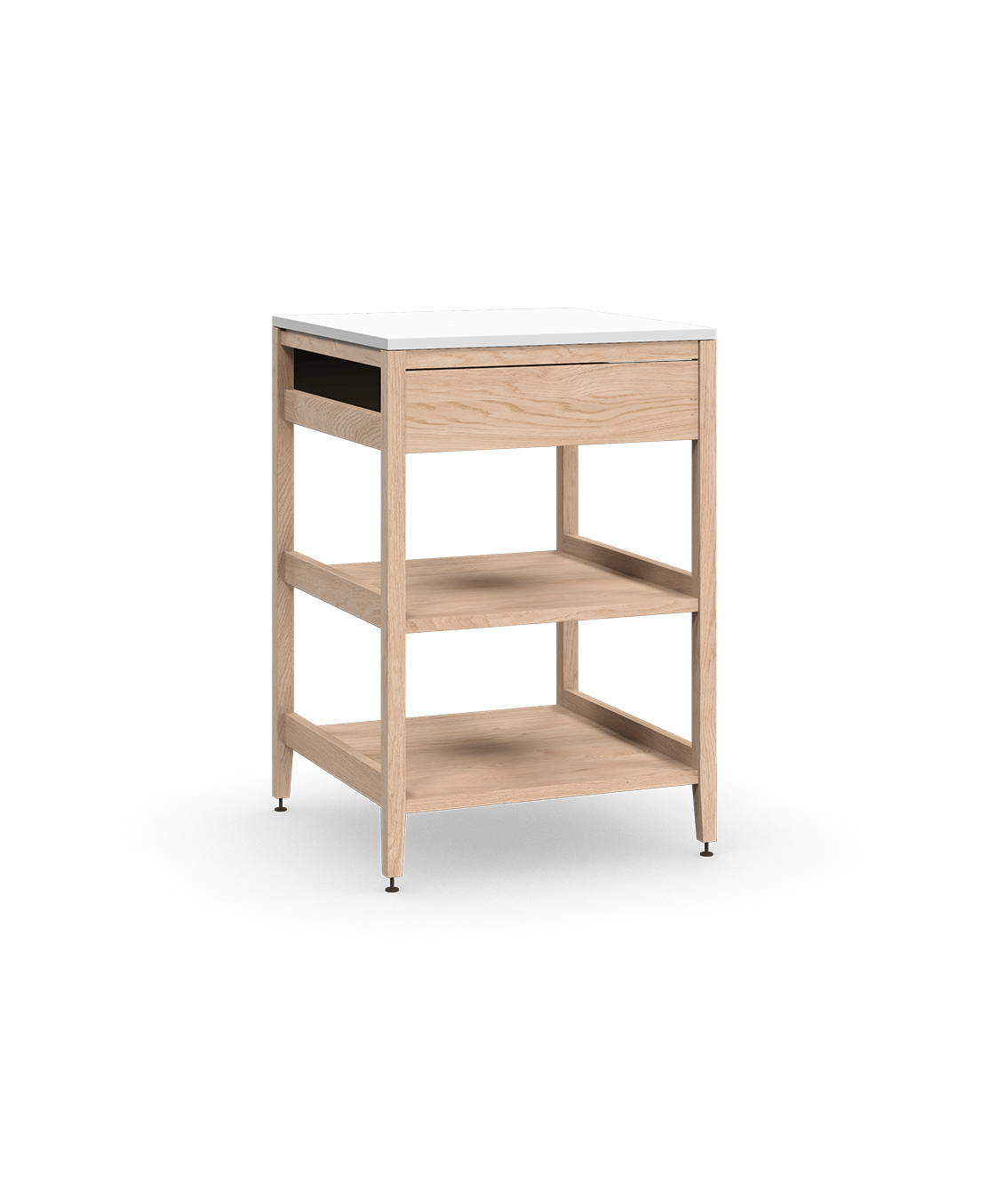 Coquo modular kitchen corner cabinet in natural oak, fix front + two wood shelves. 