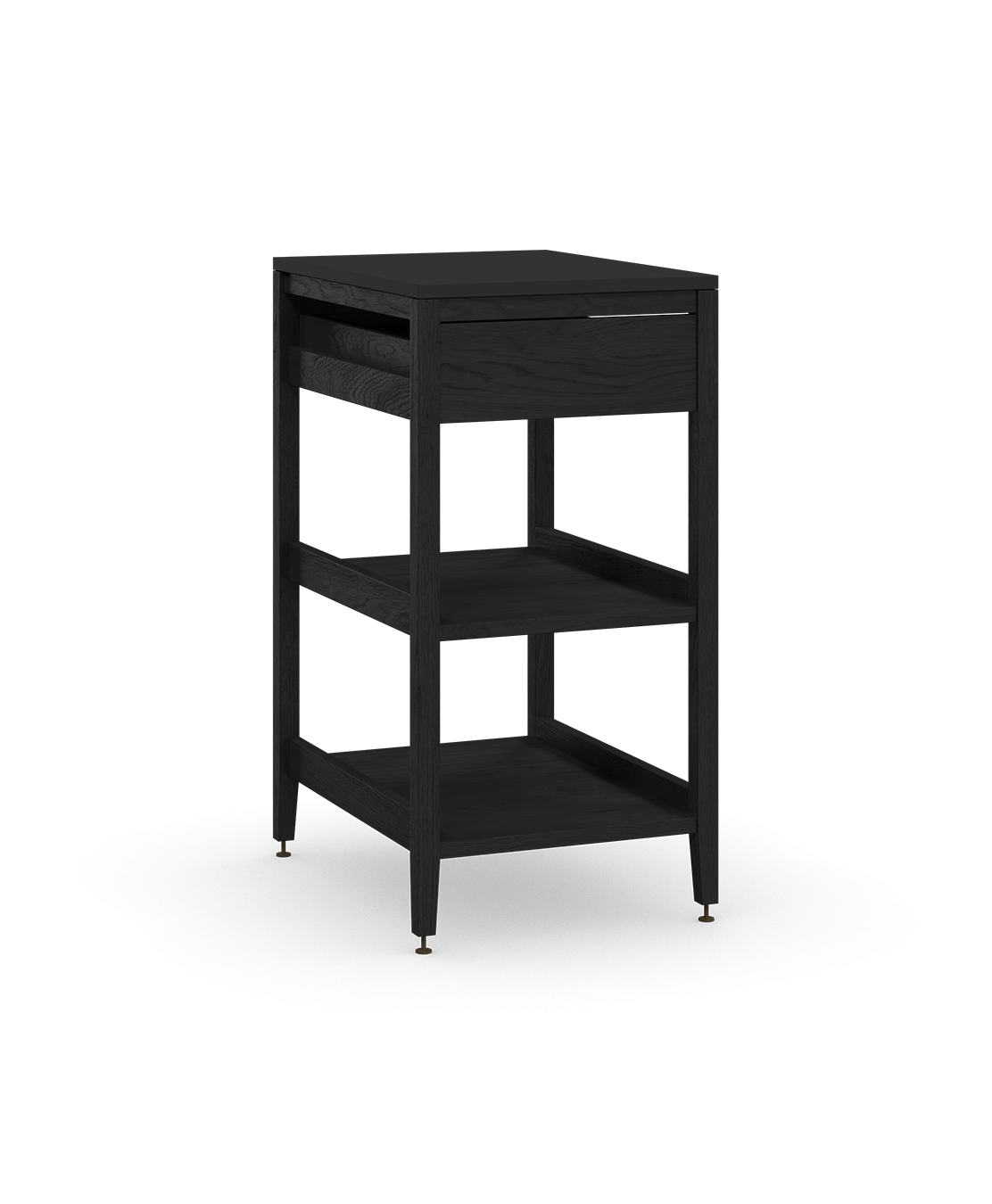 Coquo modular kitchen cabinet with one drawer and two shelves in black stained oak.