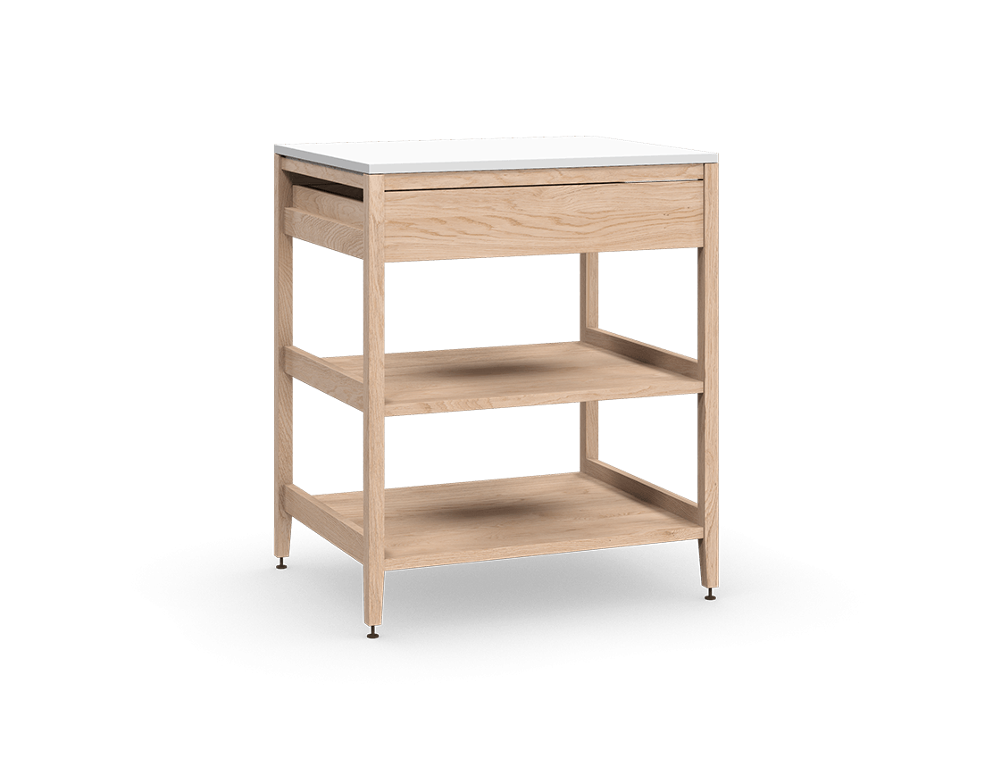 Coquo modular kitchen cabinet with one drawer and two shelves in natural oak.
