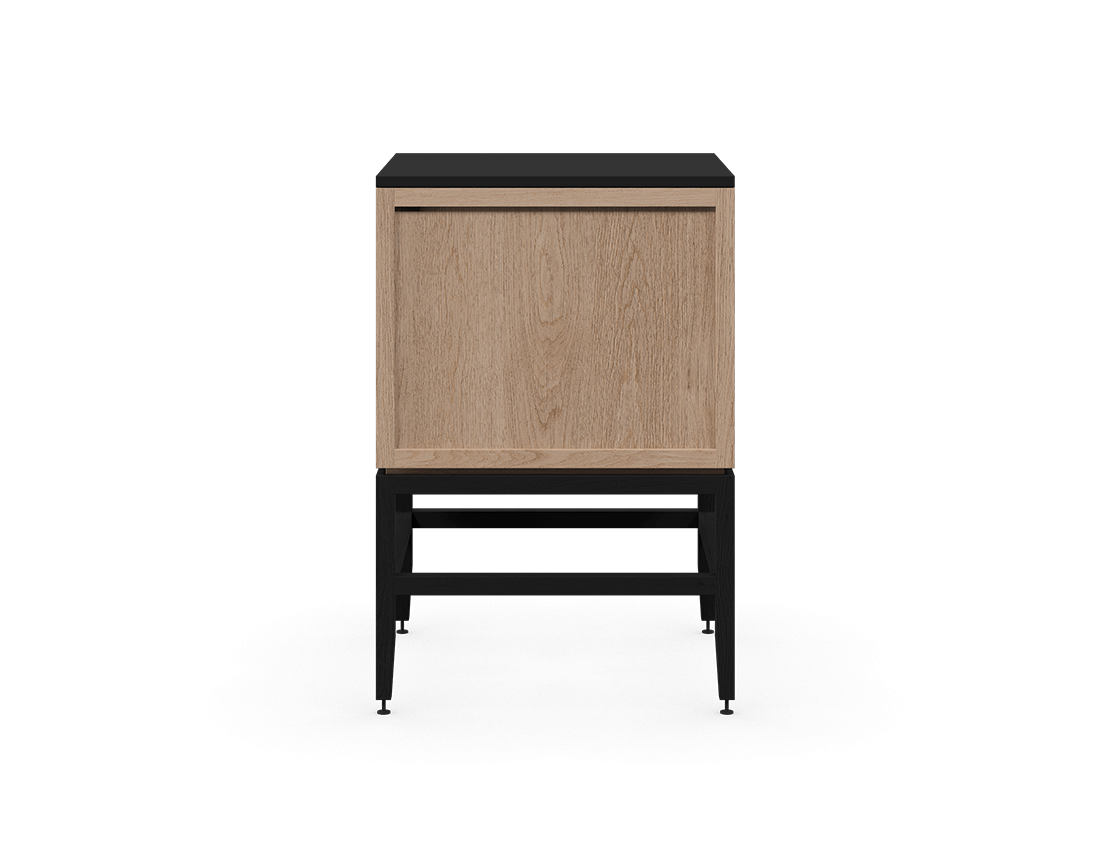 Coquo modular bathroom vanity with fix front and two doors in natural oak and black stained oak with metal handles.
