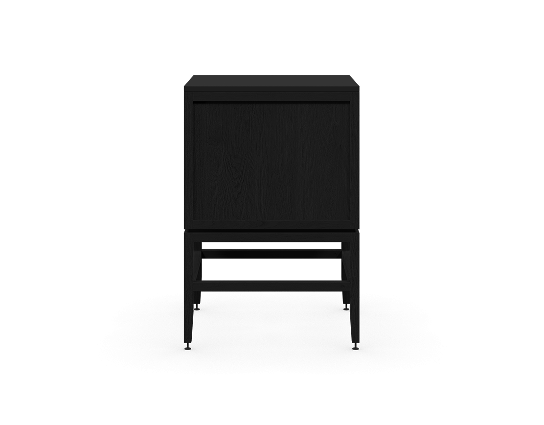 Coquo modular bathroom vanity with fix front and two doors in black stained oak with metal handles.