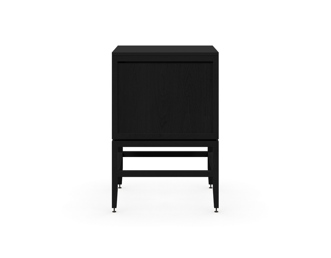 Coquo modular bathroom vanity with fix front and two doors in black stained oak with metal handles.