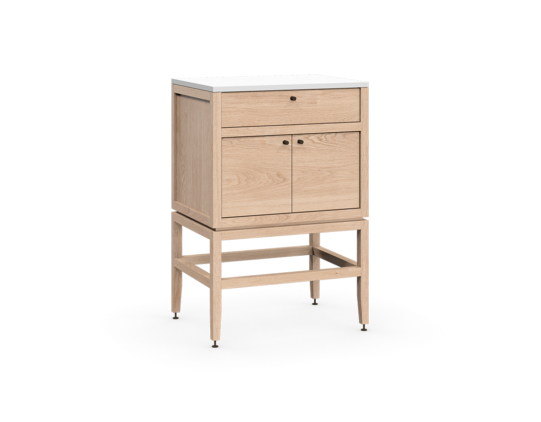 Coquo modular bathroom vanity with fix front and two doors in natural oak with metal handles.