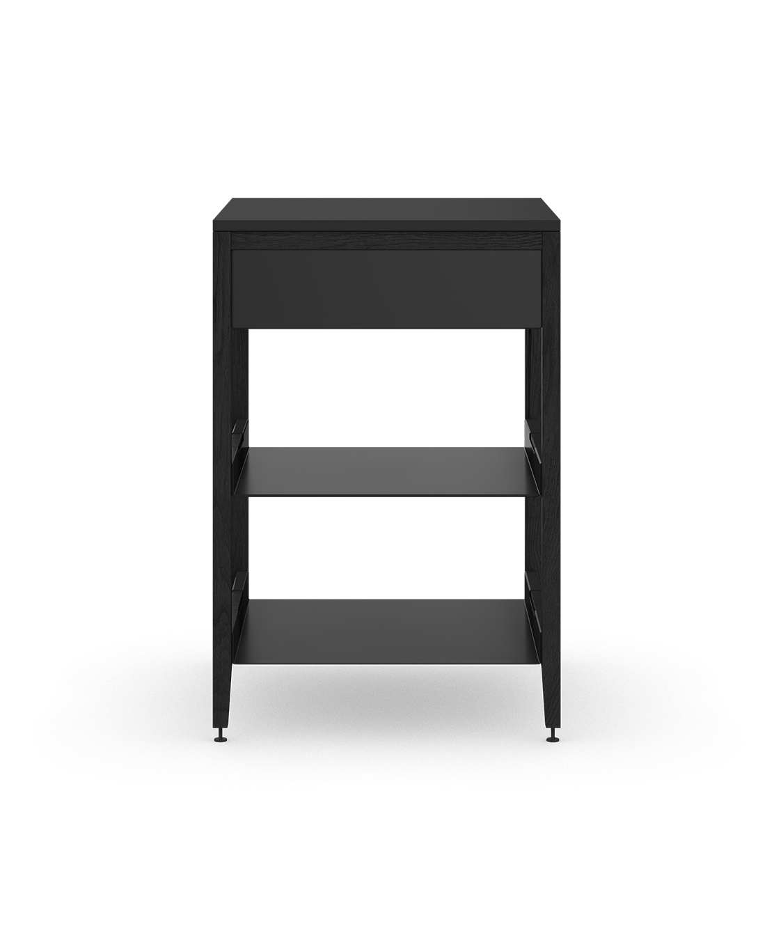 Coquo modular kitchen corner cabinet in black stained oak, fix front + two wood shelves. 