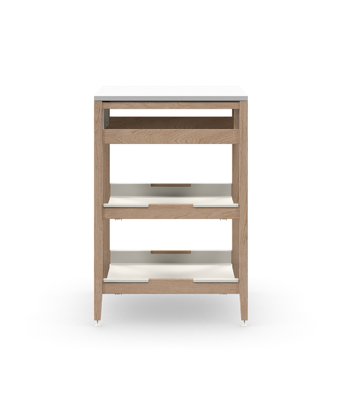 Coquo modular kitchen corner cabinet in natural oak, fix front + two metal shelves. 