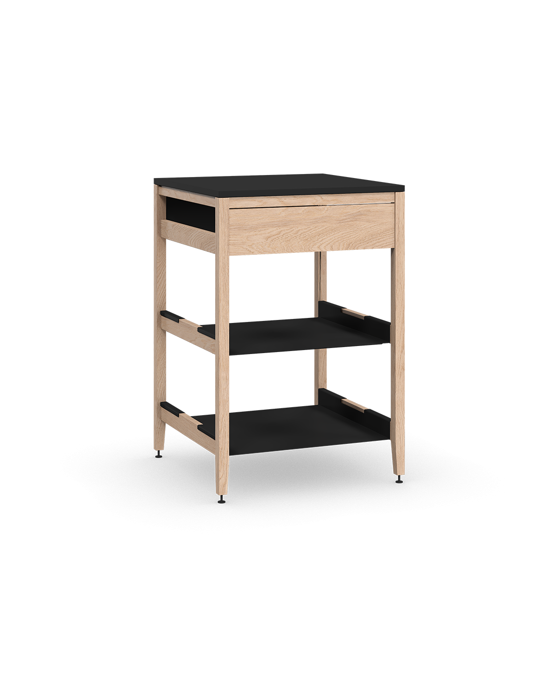 Coquo modular kitchen corner cabinet in natural oak, fix front + two metal shelves. 