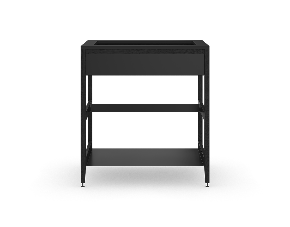 Coquo modular sink cabinet in black stained oak with Front + half + full metal shelves.