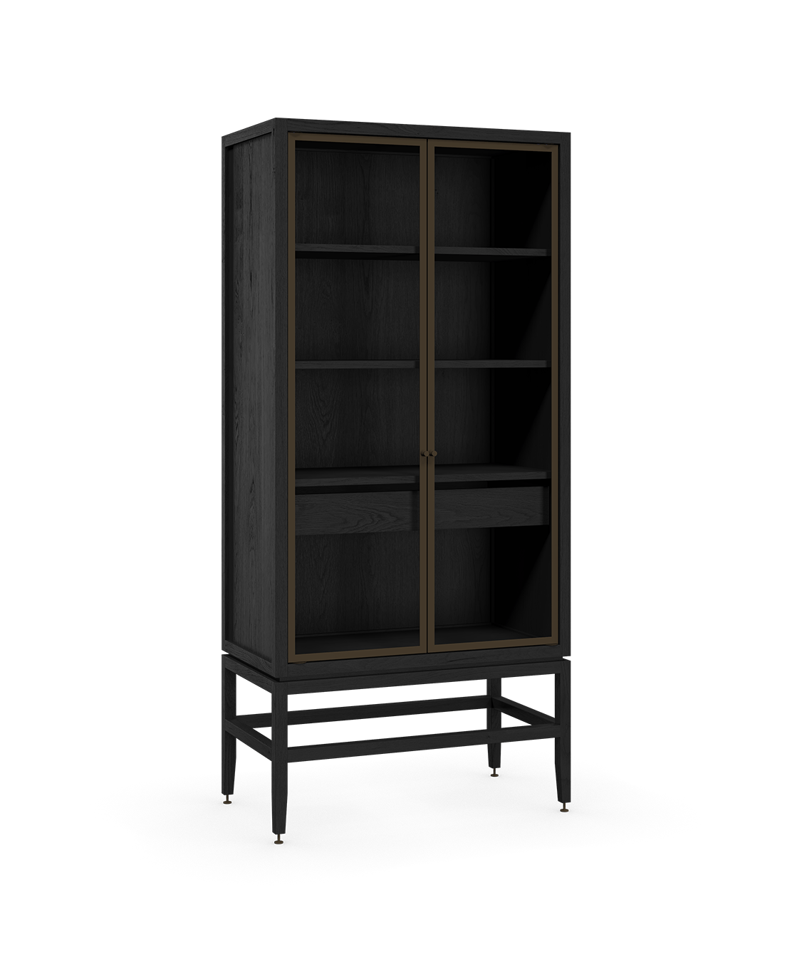 Coquo freestanding modular display hutch in black stained oak with glass doors. Perfect for the kitchen, dining, bedroom or living room. 