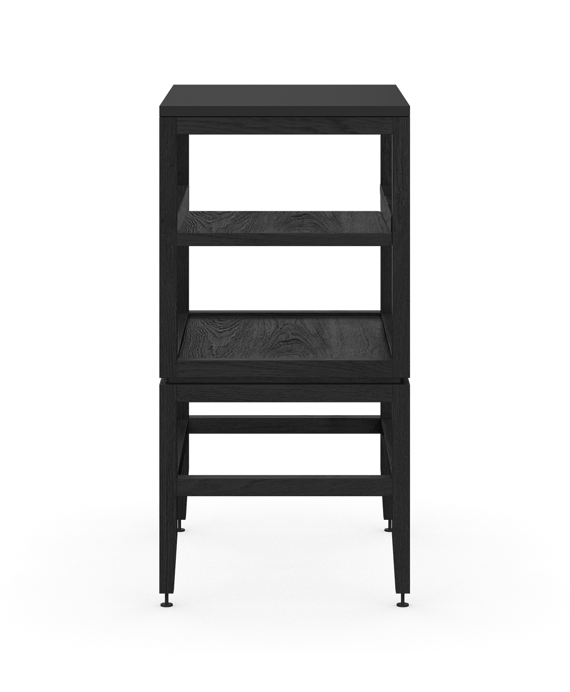 Coquo modular open kitchen cabinet with shelves in black stained oak. 