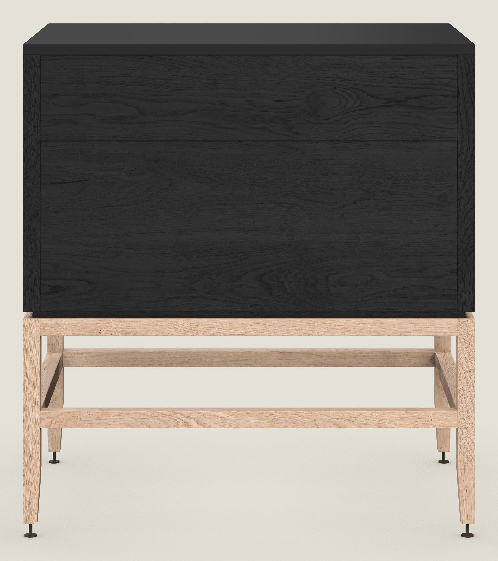 Coquo modular kitchen cabinet with two drawers in black stained oak and natural oak with metal handles.
