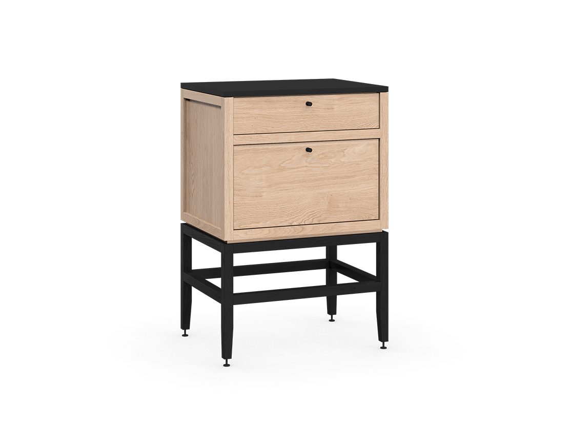 Coquo modular kitchen cabinet with two drawers in black stained oak and natural oak with metal handles.
