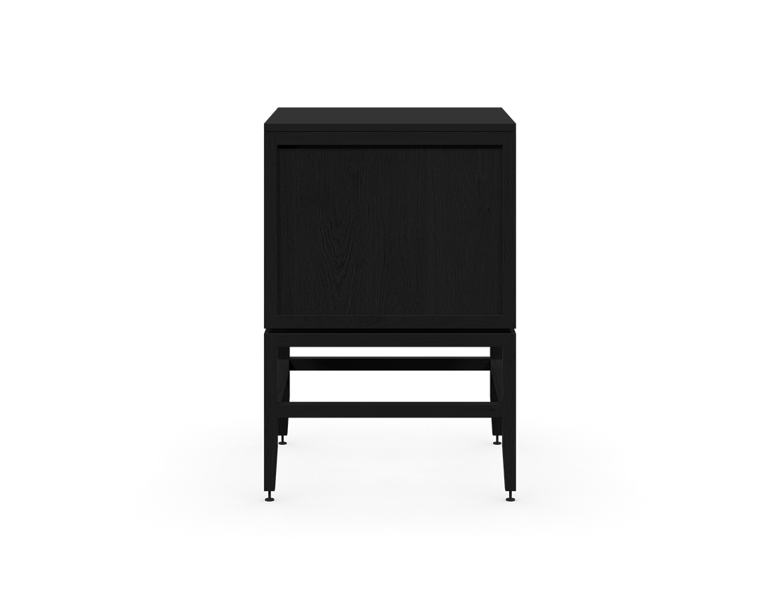 Coquo modular kitchen cabinet with two drawers in black stained oak with metal handles.

