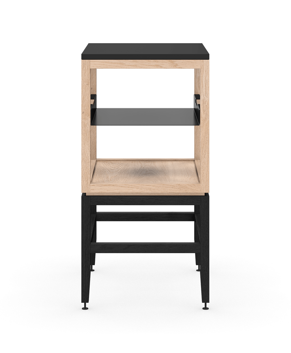 Coquo modular open kitchen cabinet in natural and black stained oak with metal shelf. 