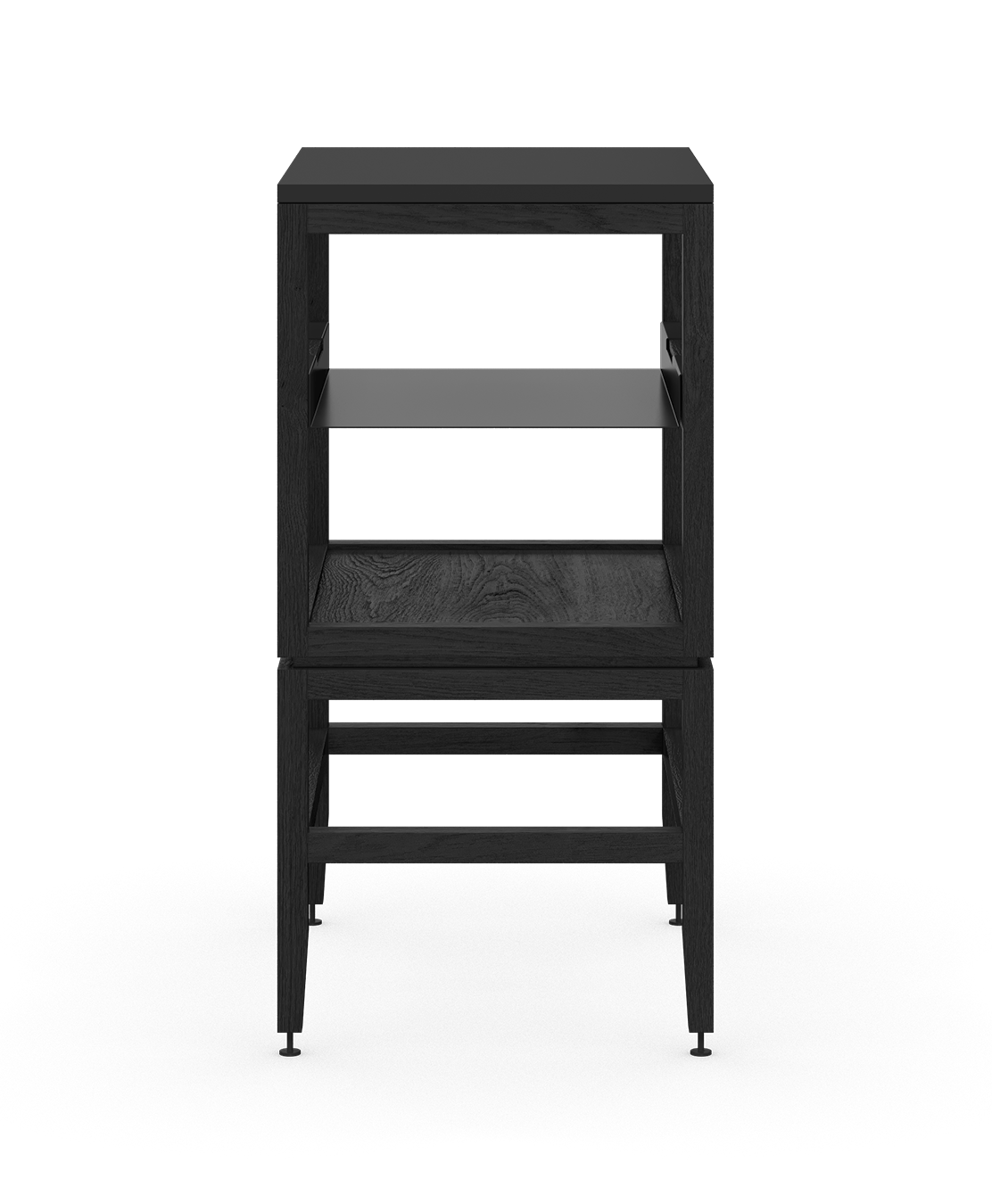 Coquo modular open kitchen cabinet in black stained oak with metal shelf. 