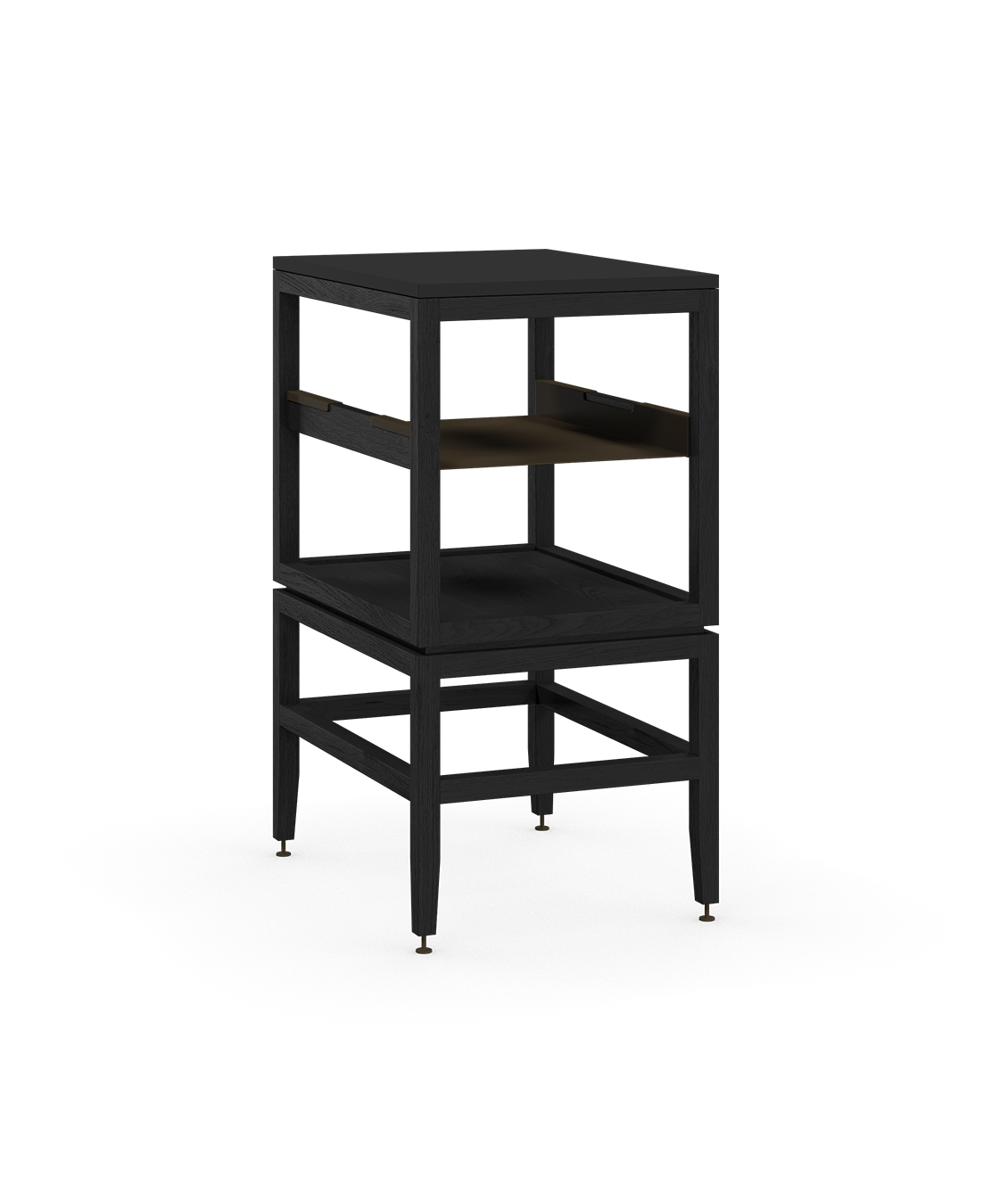 Coquo modular open kitchen cabinet in black stained oak with metal shelf. 