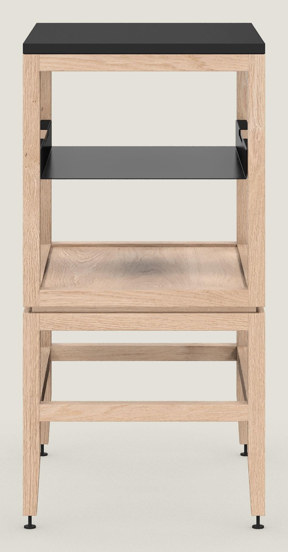 Coquo modular open kitchen cabinet in natural oak with metal shelf. 